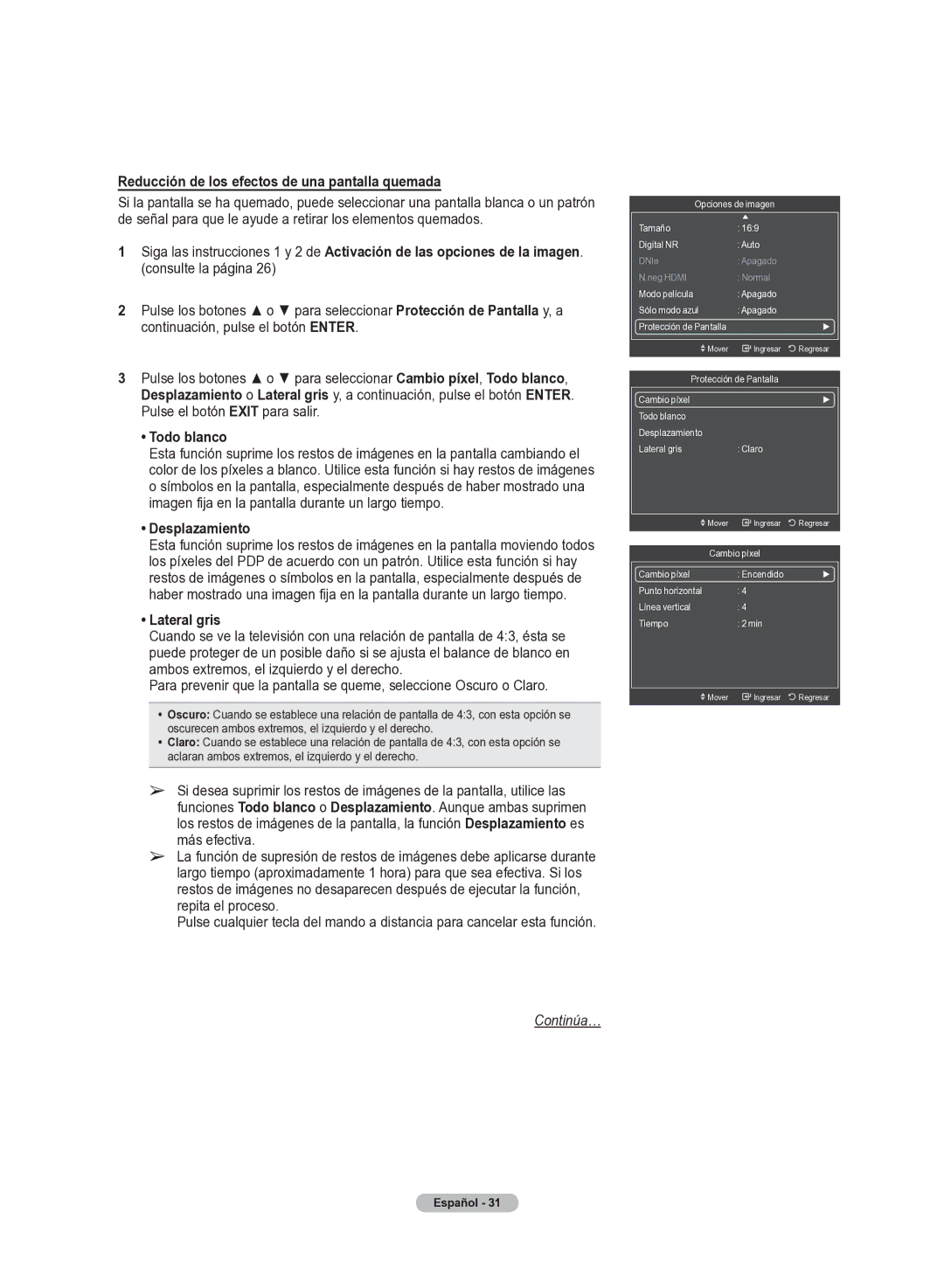 Samsung 510 user manual Reducción de los efectos de una pantallla quemada, Todo blanco, Desplazamiento, Lateral gris 