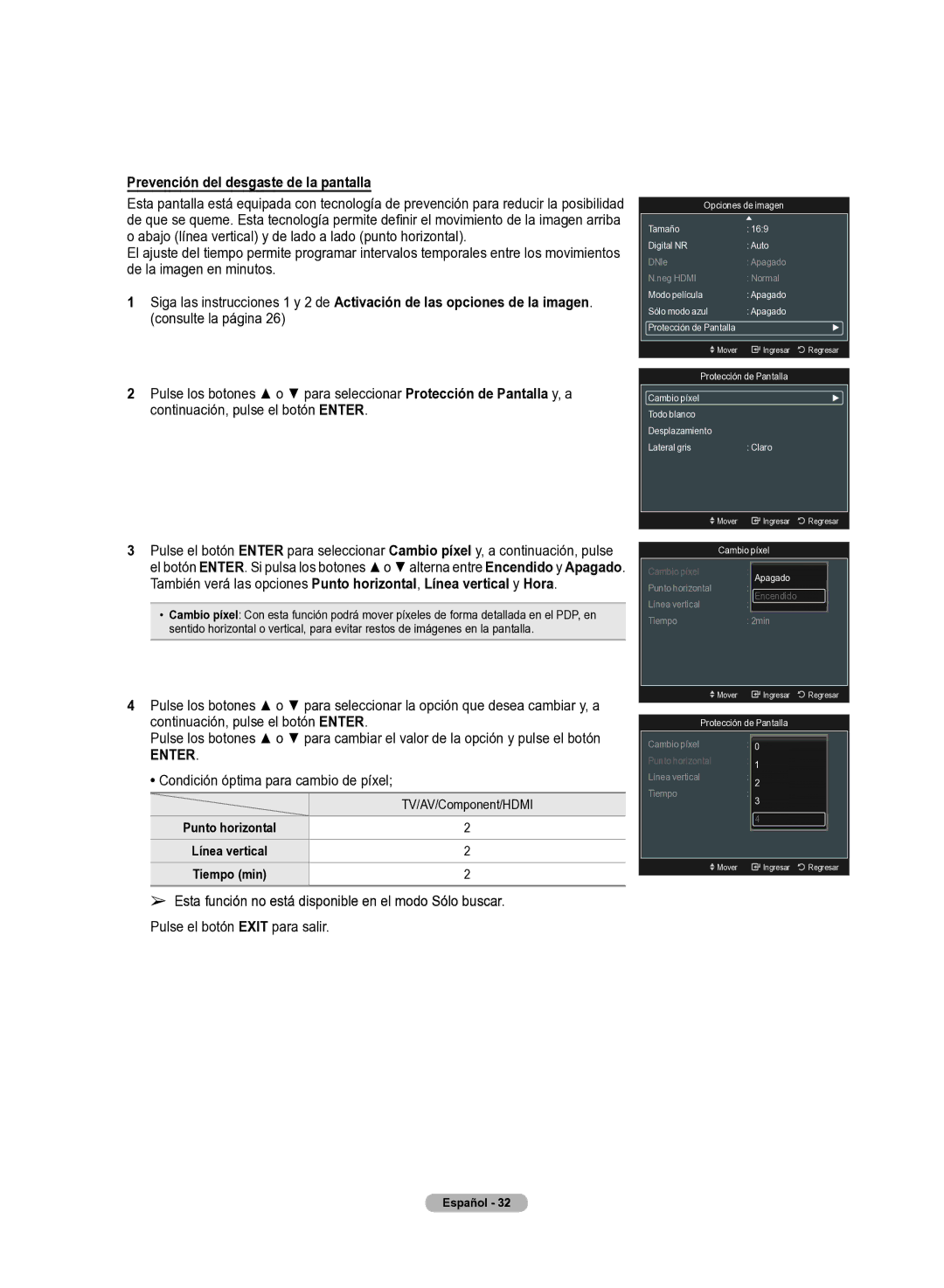 Samsung 510 user manual Prevención del desgaste de la pantallla, Condición óptima para cambio de píxel 