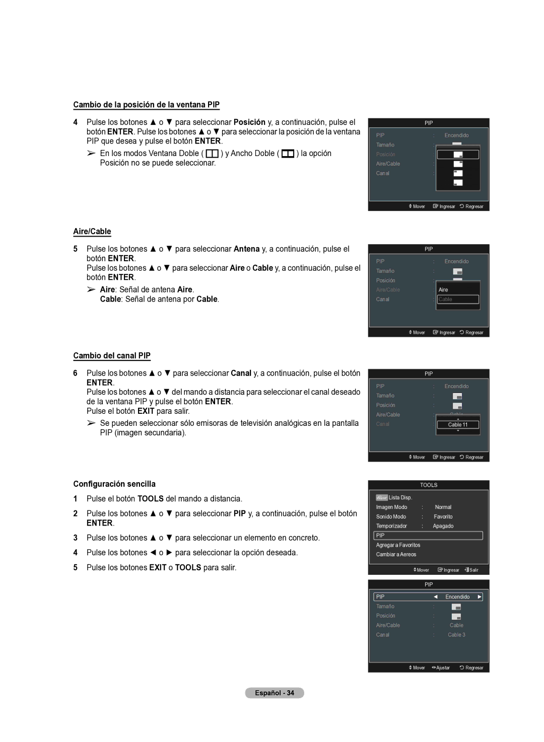 Samsung 510 user manual Cambio de la posición de la ventana PIP, Aire/Cable, Cambio del canal PIP 