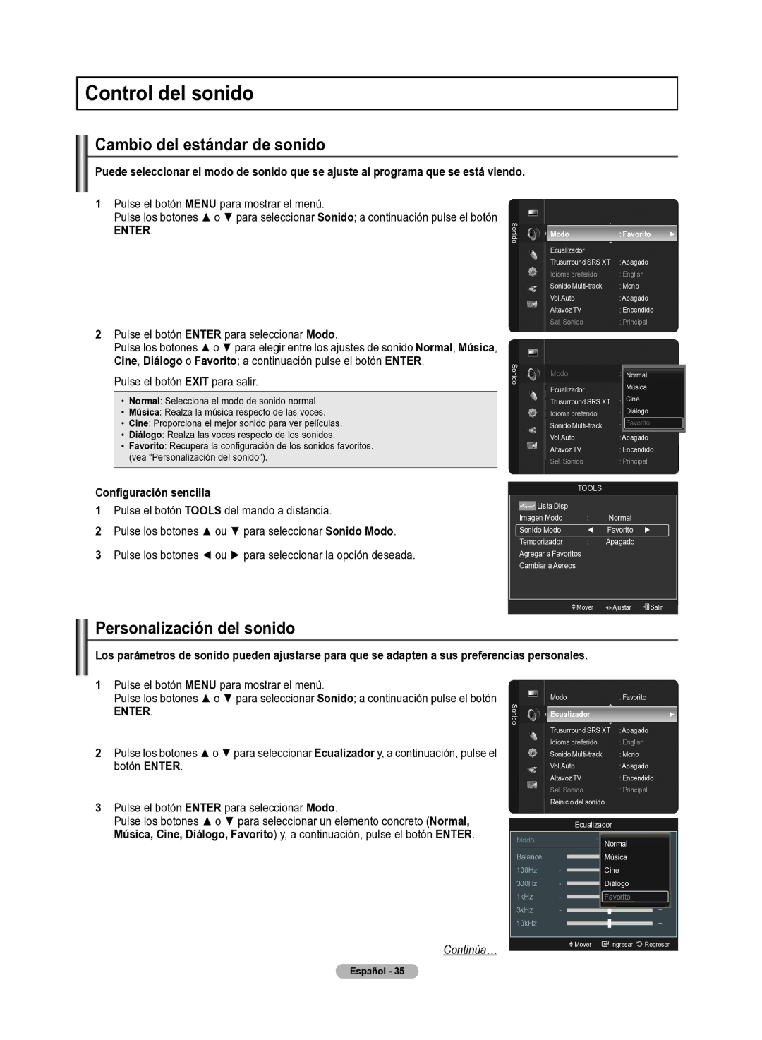 Samsung 510 user manual Control del sonido, Cambio del estándar de sonido, Personalización del sonido, Modo Favorito 