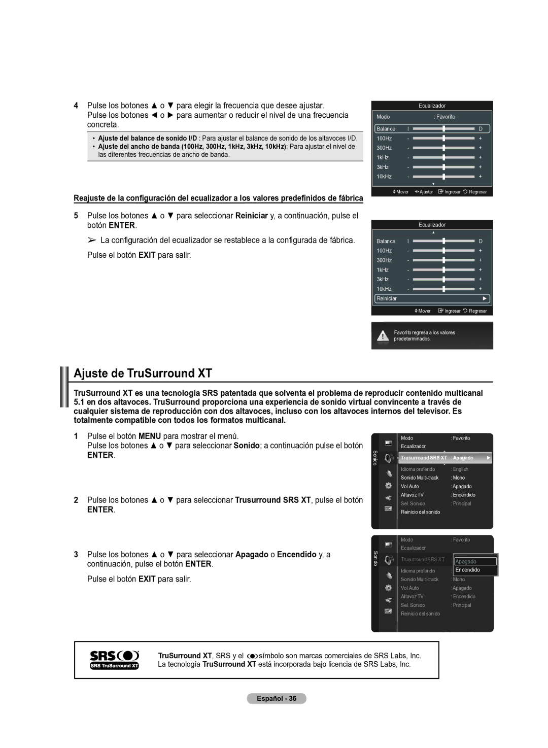 Samsung 510 user manual Ajuste de TruSurround XT, Trusurround SRS XT Apagado 