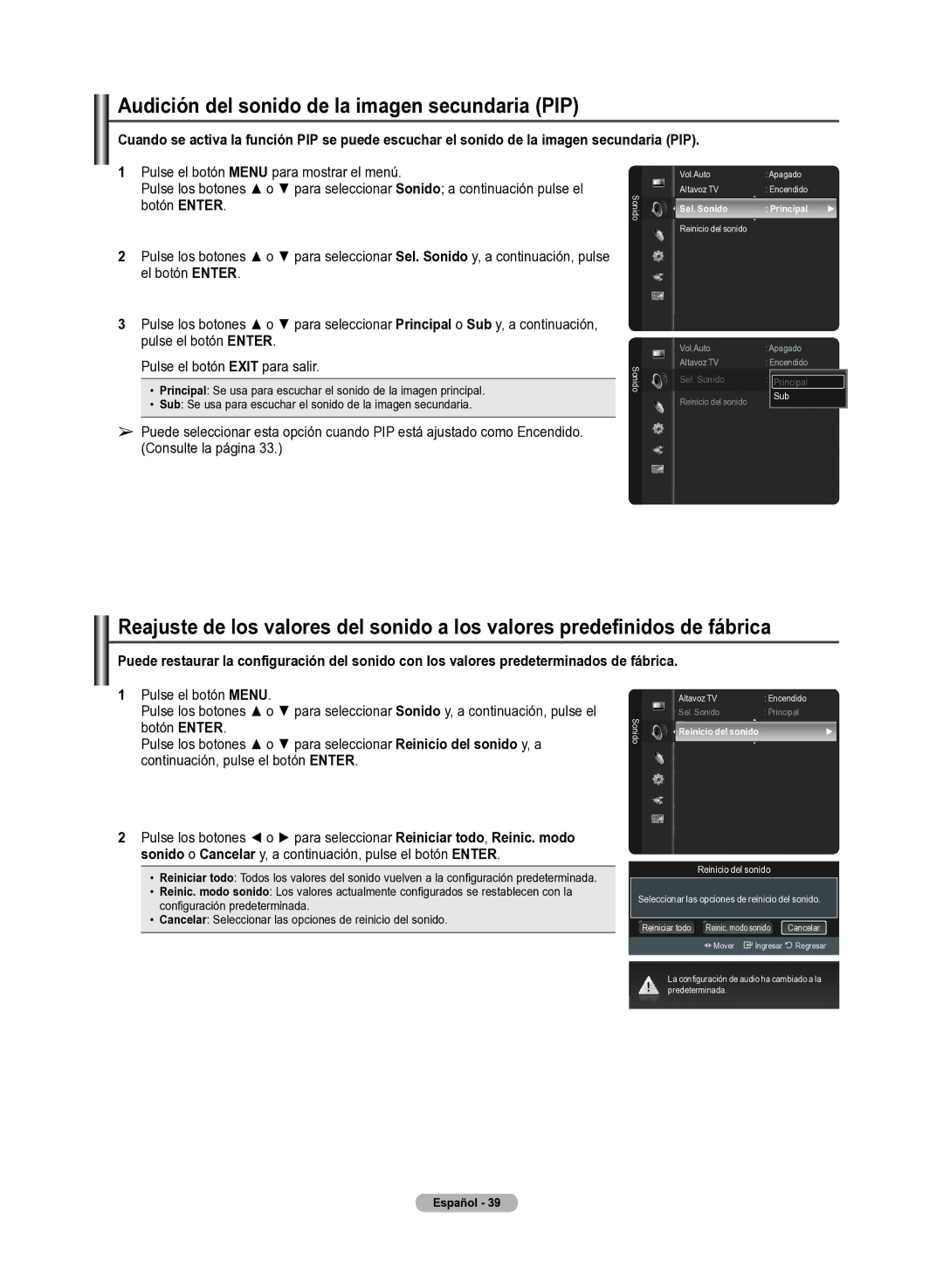 Samsung 510 user manual Audición del sonido de la imagen secundaria PIP, Sel. Sonido, Principal 