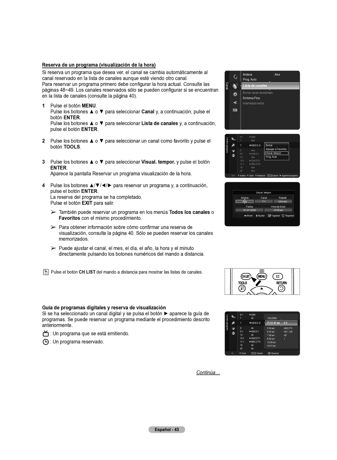 Samsung 510 Reserva de un programa visualización de la hora, Guía de programas digitales y reserva de visualización 