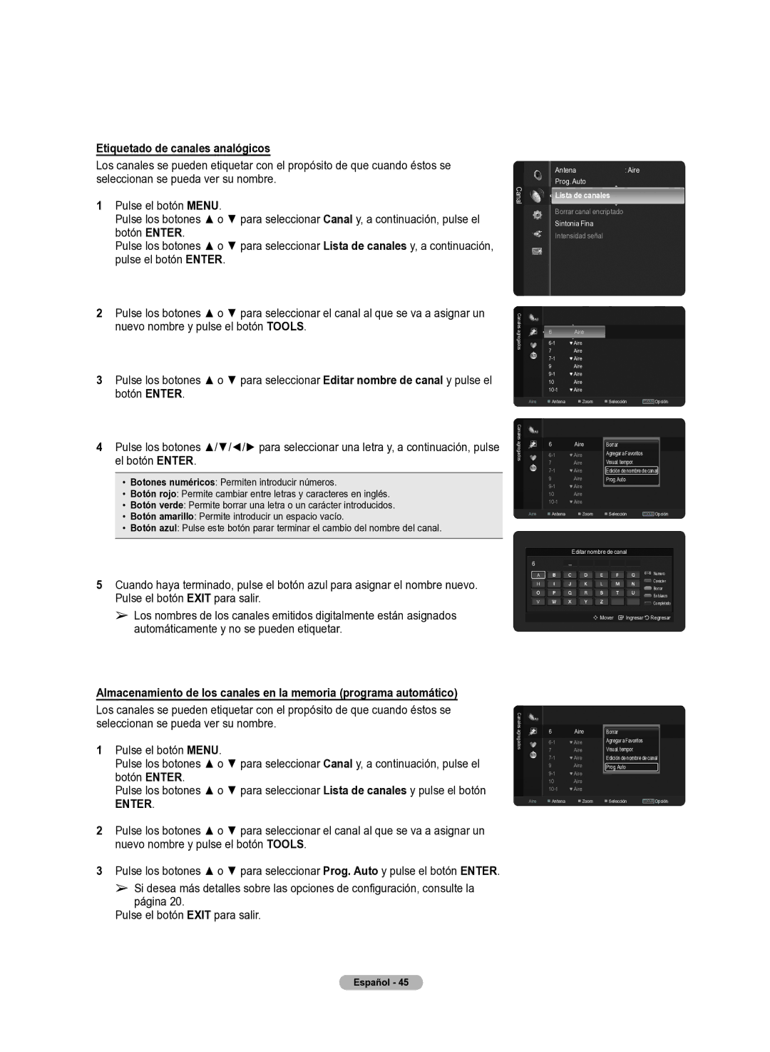 Samsung 510 user manual Etiquetado de canales analógicos, Nuevo nombre y pulse el botón Tools, Botón Enter, El botón Enter 