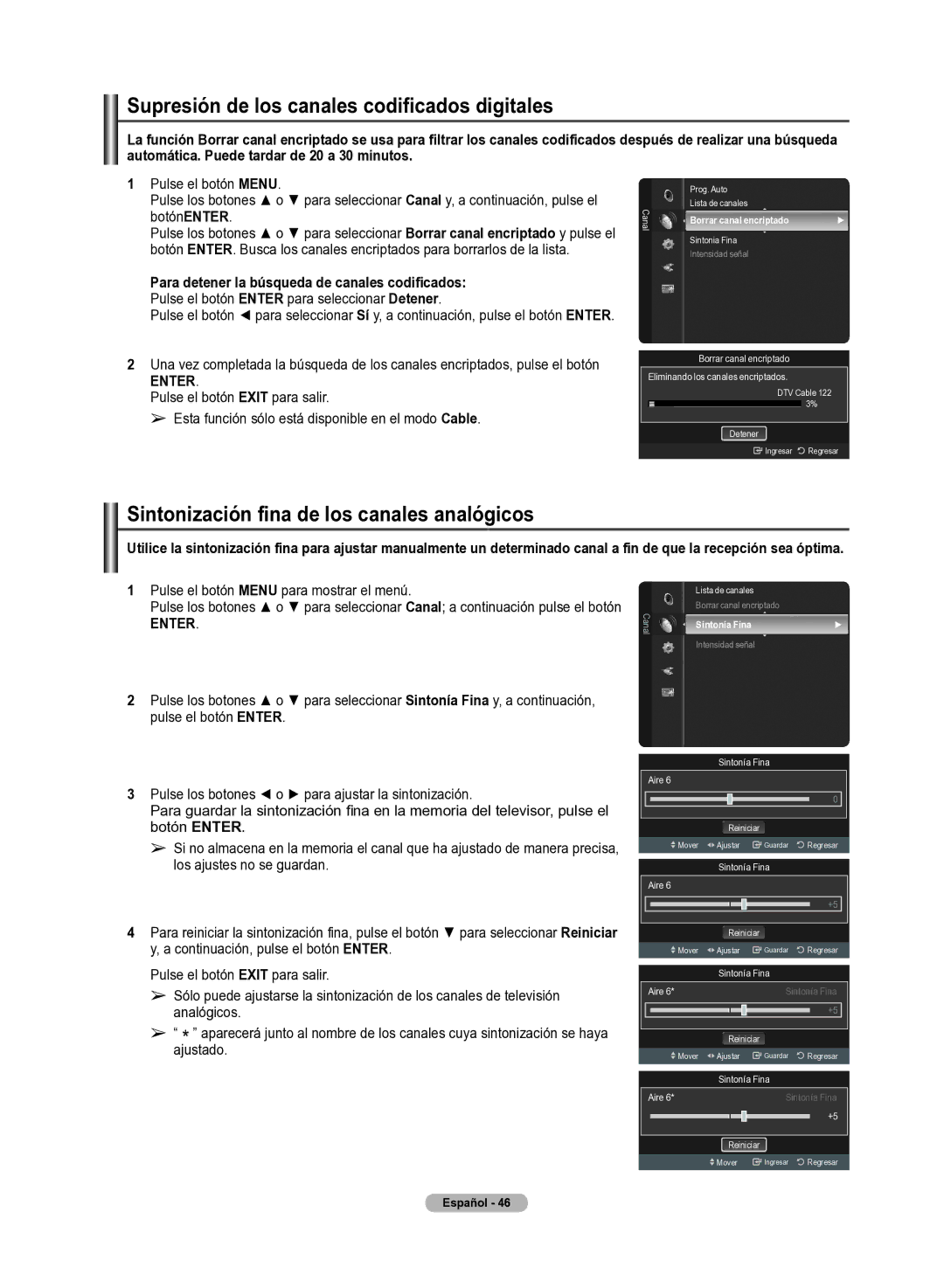 Samsung 510 user manual Supresión de los canales codificados digitales, Sintonización fina de los canales analógicos 