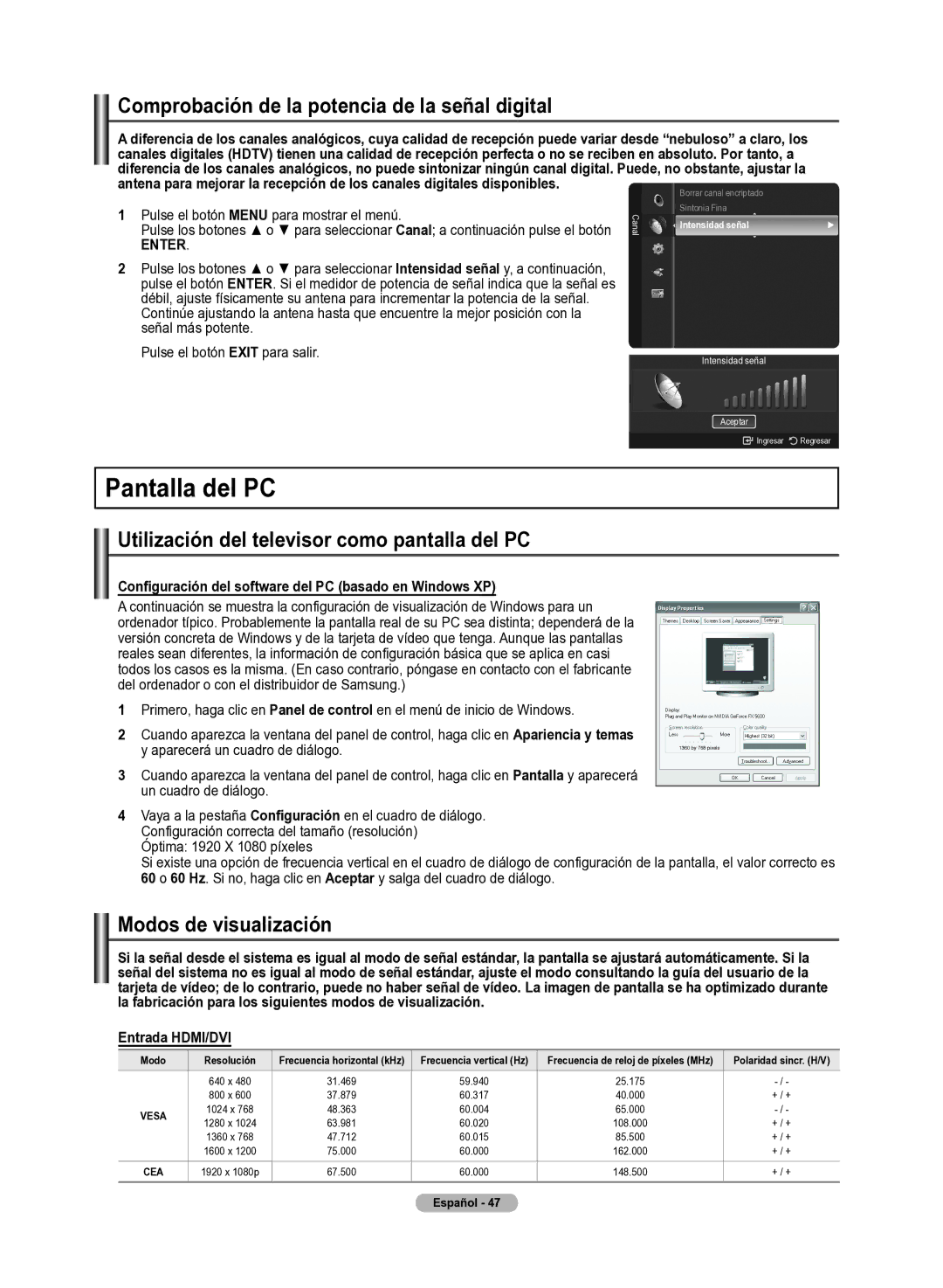 Samsung 510 user manual Pantallla del PC, Comprobación de la potencia de la señal digital, Modos de visualización 