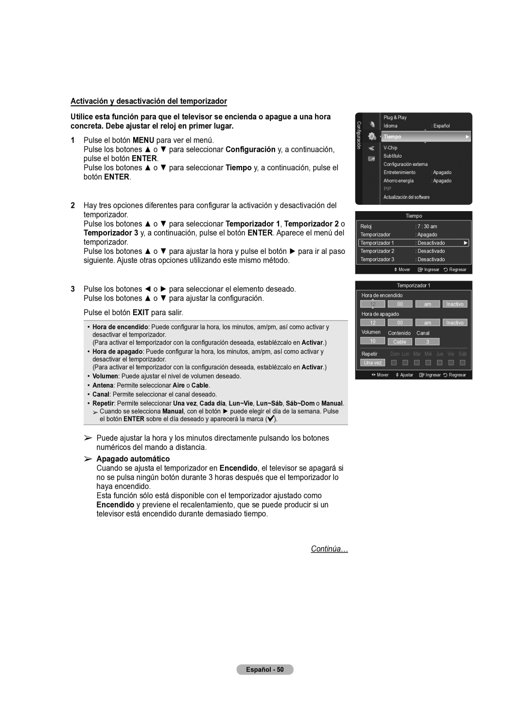 Samsung 510 user manual Activación y desactivación del temporizador, Apagado automático 