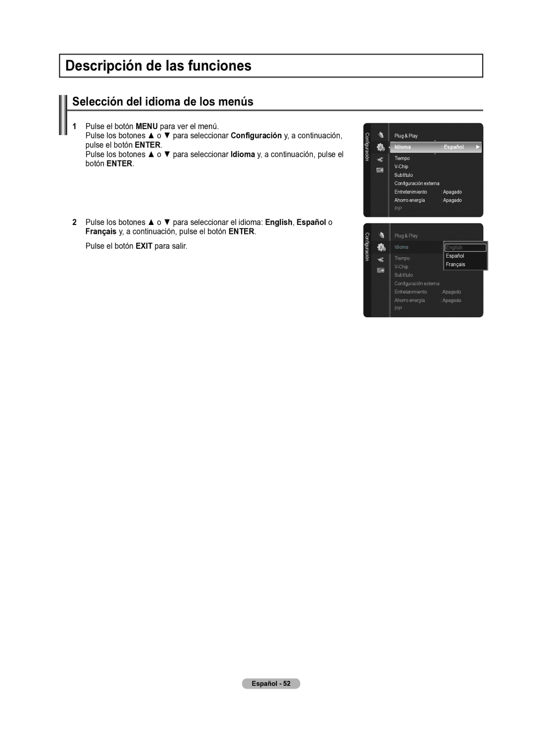 Samsung 510 user manual Descripción de las funciones, Selección del idioma de los menús, Idioma Español 