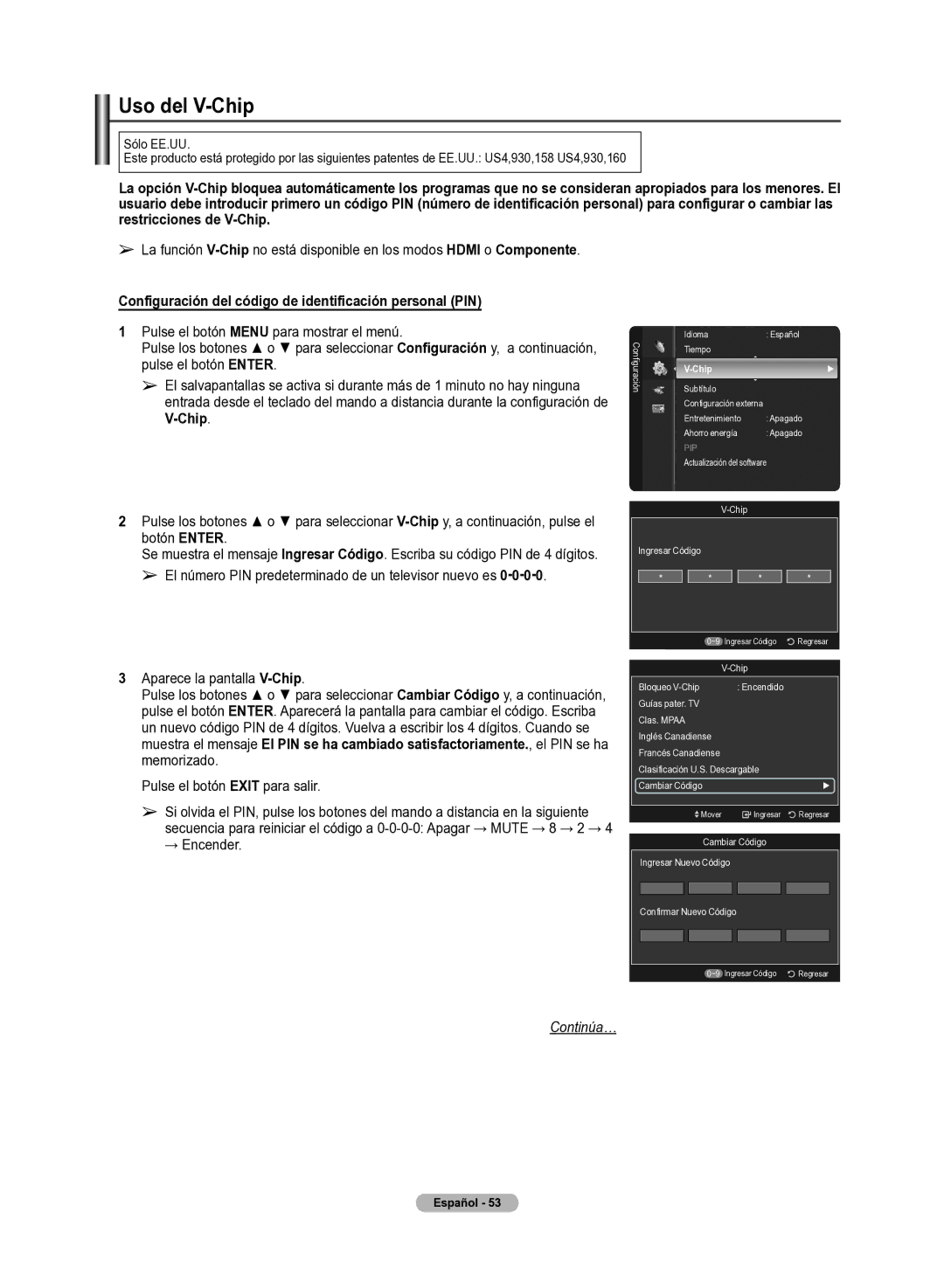 Samsung 510 user manual Uso del V-Chip, Configuración del código de identificación personal PIN 