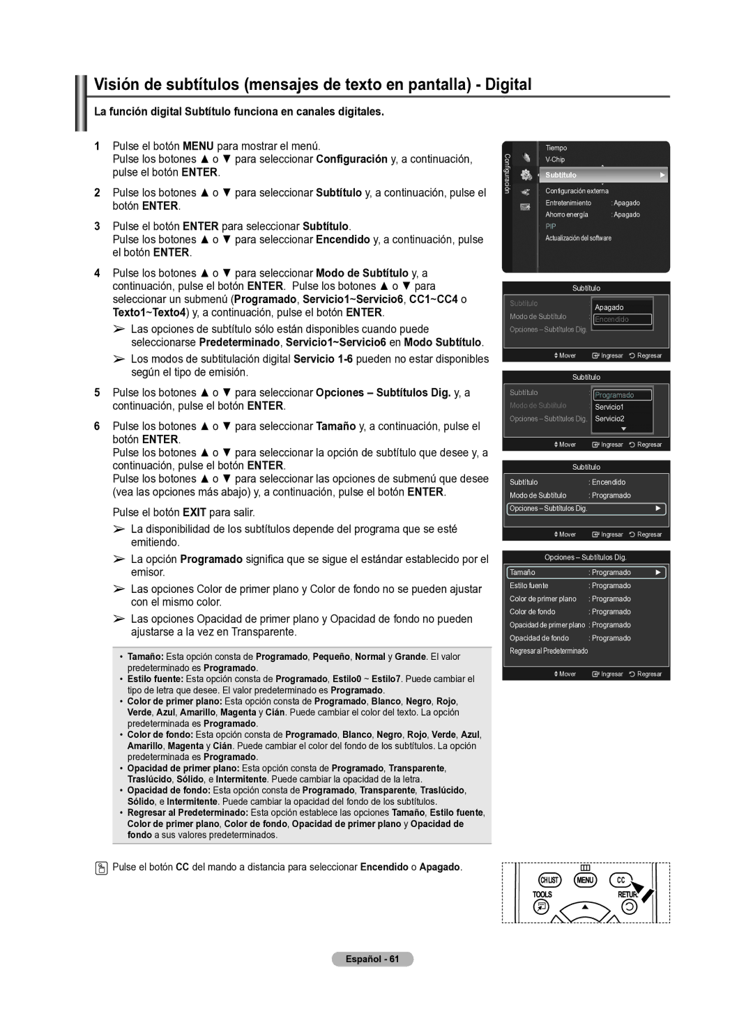 Samsung 510 user manual Visión de subtítulos mensajes de texto en pantallla Digital, Subtítulo 