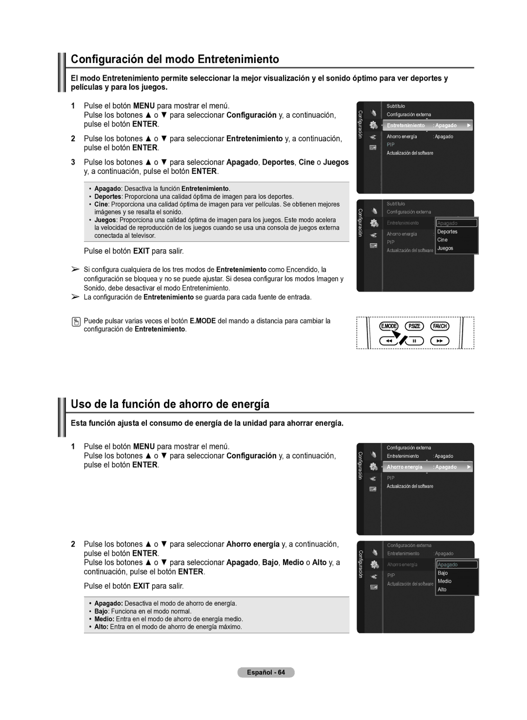 Samsung 510 Configuración del modo Entretenimiento, Uso de la función de ahorro de energía, Entretenimiento Apagado 