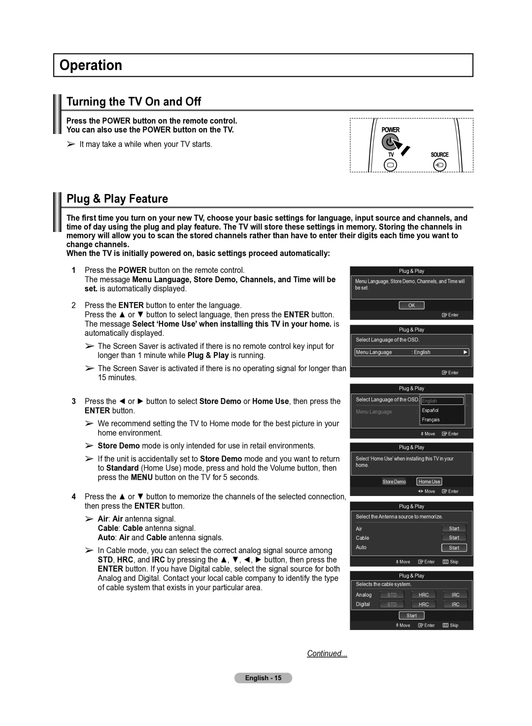 Samsung 510 user manual Operation, Turning the TV On and Off, Plug & Play Feature, It may take a while when your TV starts 