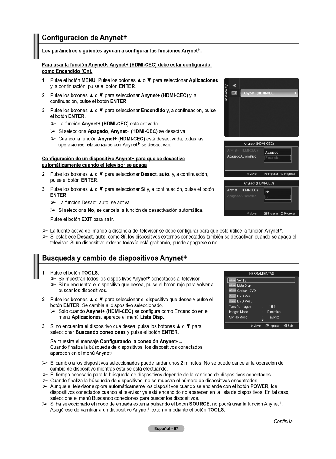 Samsung 510 user manual Configuración de Anynet+, Búsqueda y cambio de dispositivos Anynet+, Como Encendido On 