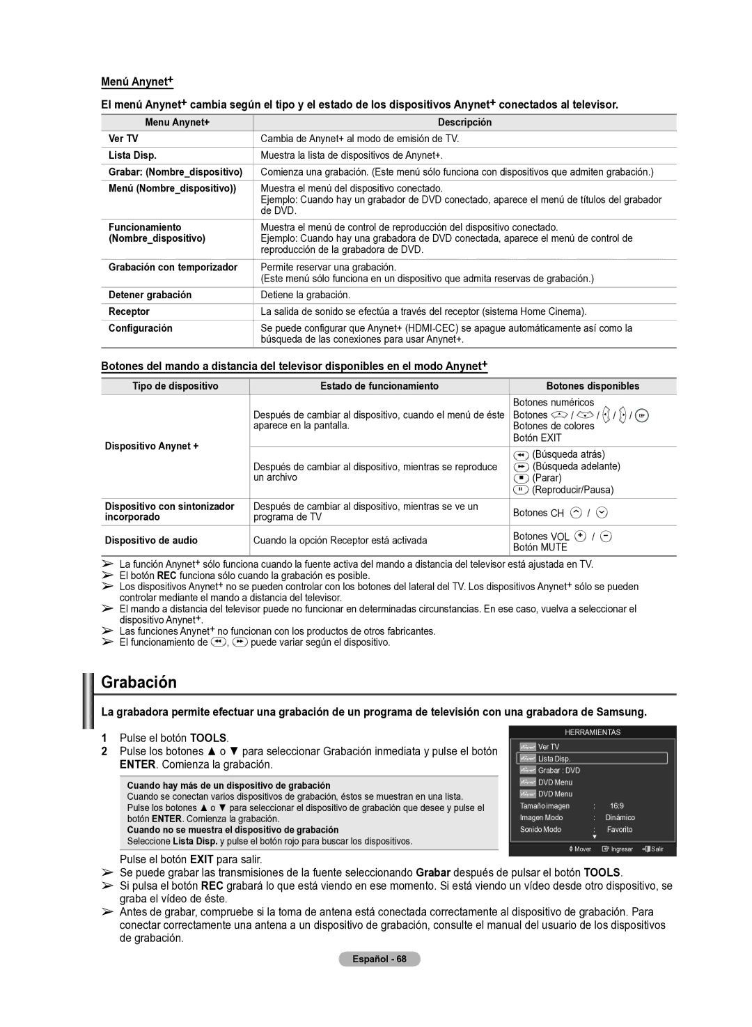 Samsung 510 user manual Grabación, Menú Anynet+ 