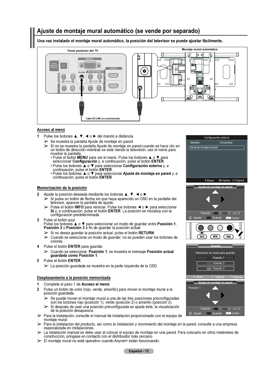 Samsung 510 Ajuste de montaje mural automático se vende por separado, Acceso al menú, Configuración externa y, a 