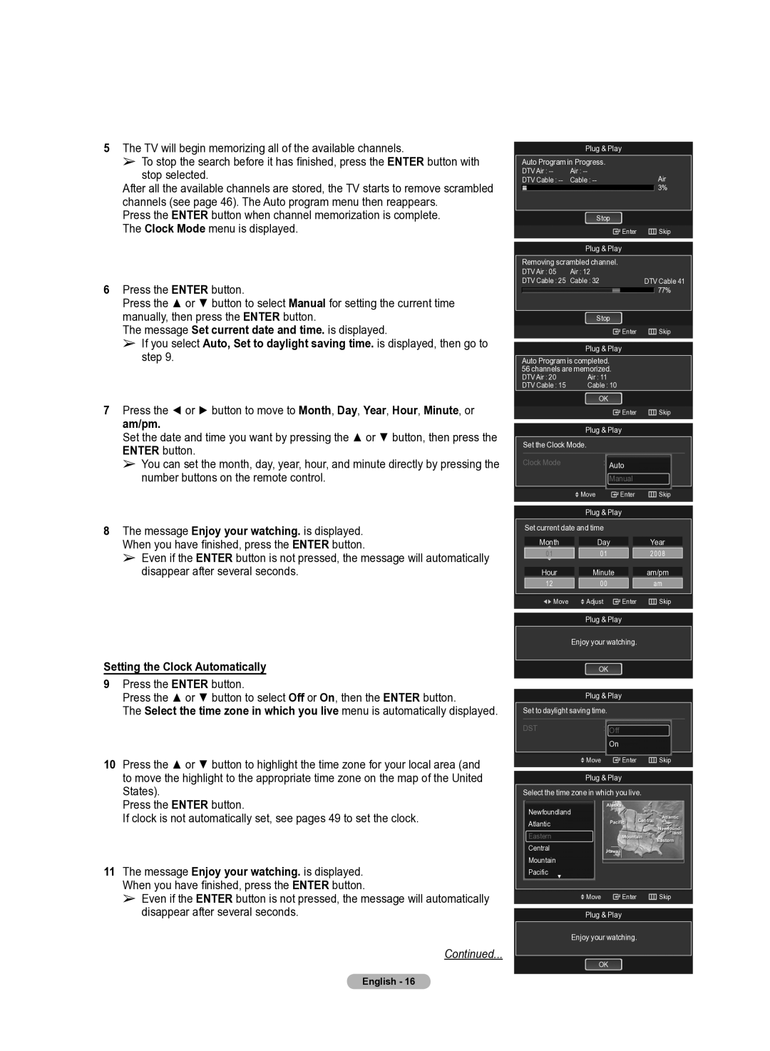 Samsung 510 user manual Setting the Clock Automatically, Plug & Play Auto Program in Progress 