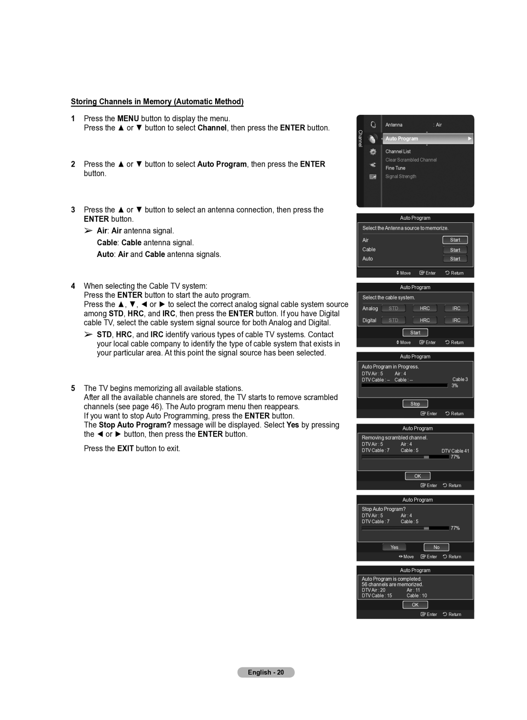 Samsung 510 Storing Channels in Memory Automatic Method, TV begins memorizing all available stations, Auto Program 