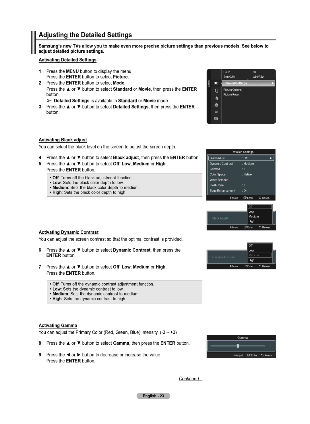 Samsung 510 Adjusting the Detailed Settings, Detailed Settings is available in Standard or Movie mode, Activating Gamma 