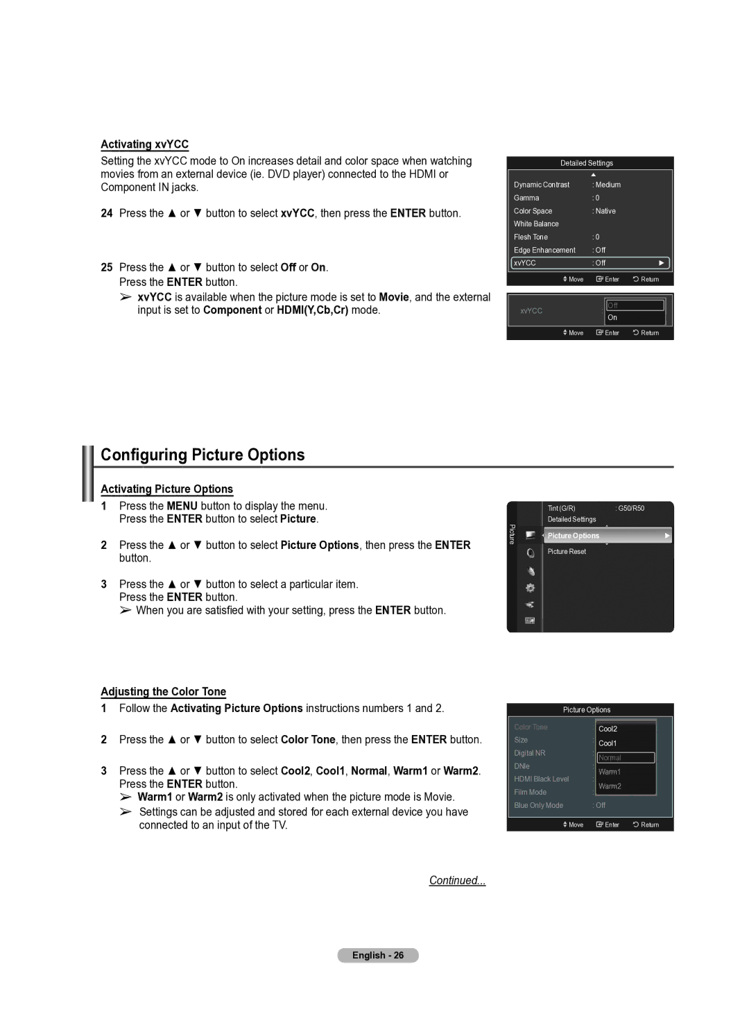 Samsung 510 user manual Configuring Picture Options, Activating xvYCC, Activating Picture Options, Adjusting the Color Tone 