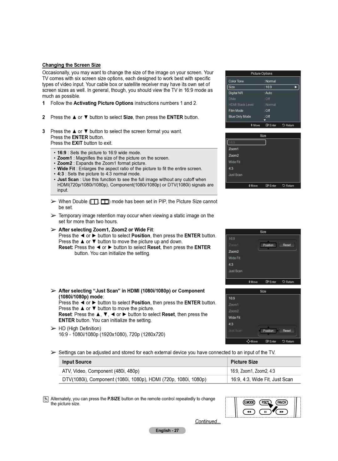 Samsung 510 user manual Changing the Screen Size, After selecting Zoom1, Zoom2 or Wide Fit, Input Source Picture Size 