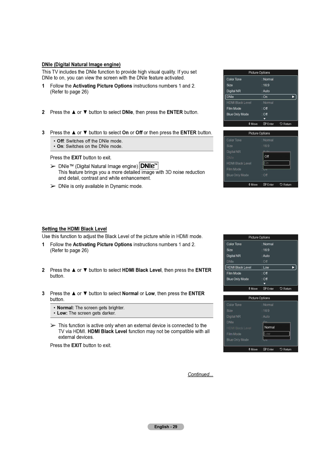 Samsung 510 user manual DNIe Digital Natural Image engine, Setting the Hdmi Black Level 