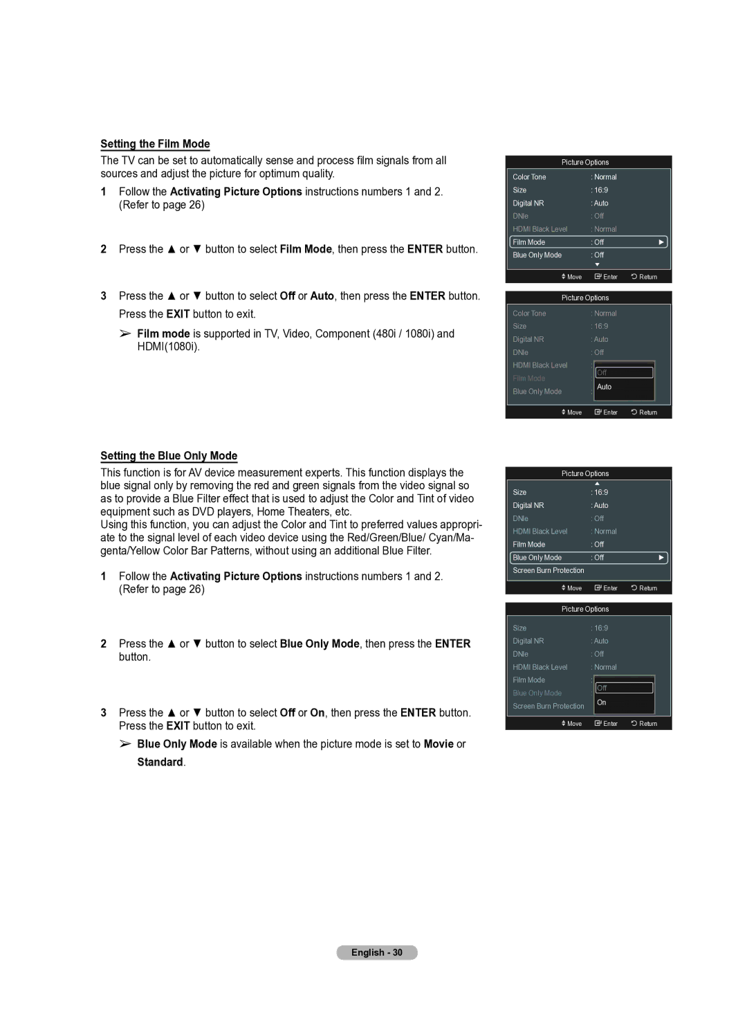 Samsung 510 user manual Setting the Film Mode, Setting the Blue Only Mode 