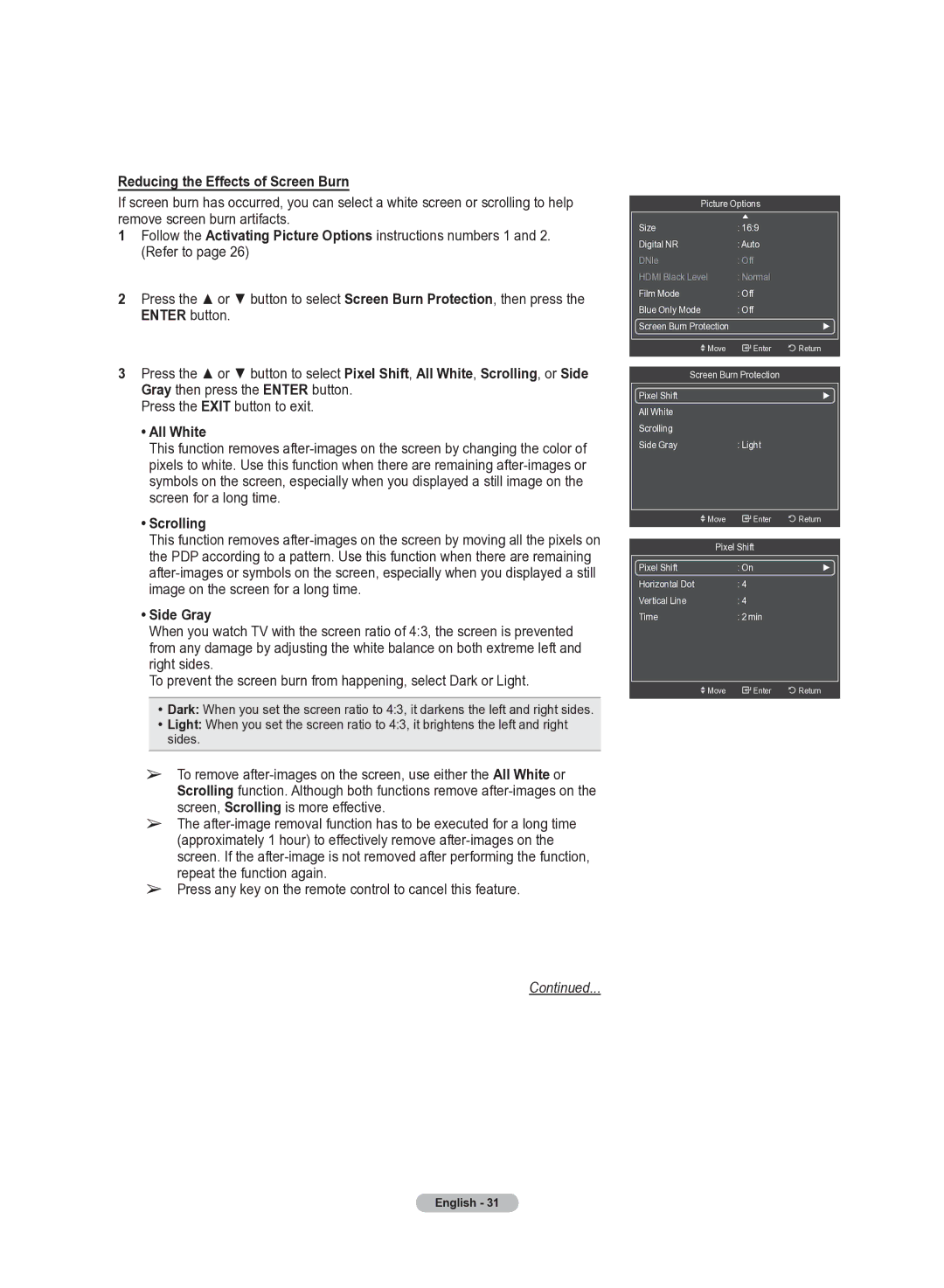 Samsung 510 user manual Reducing the Effects of Screen Burn, All White, Scrolling, Side Gray 