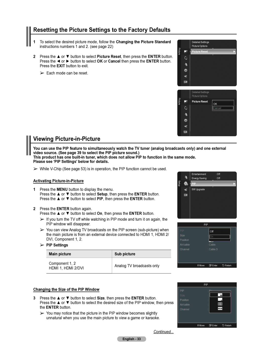 Samsung 510 user manual Resetting the Picture Settings to the Factory Defaults, Viewing Picture-in-Picture 