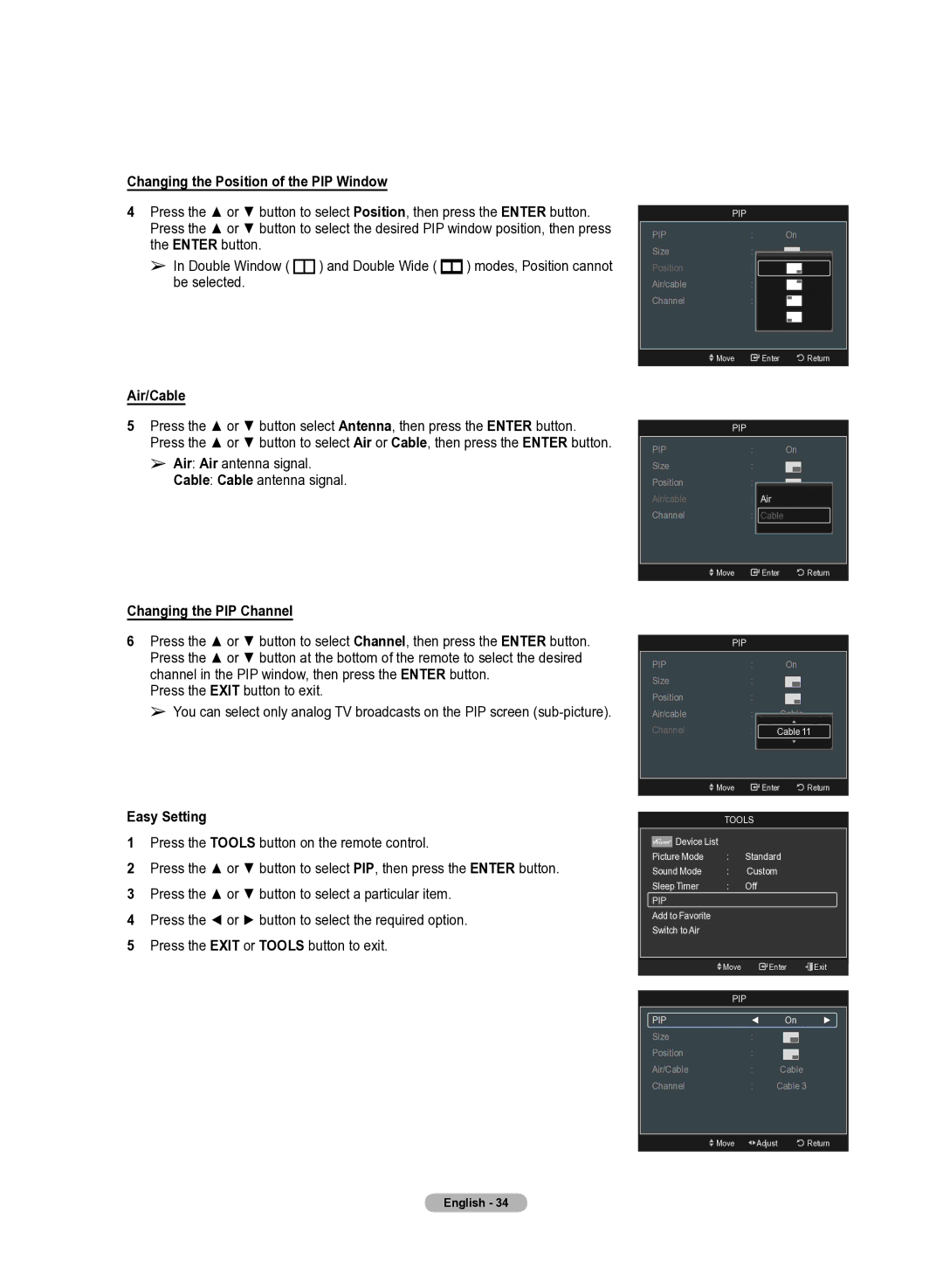 Samsung 510 Changing the Position of the PIP Window, Air/Cable, Air Air antenna signal Cable Cable antenna signal 