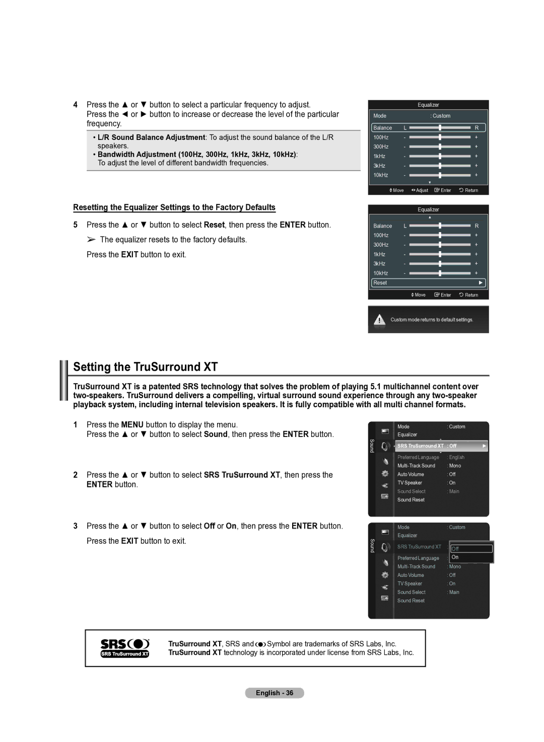 Samsung 510 user manual Setting the TruSurround XT, Resetting the Equalizer Settings to the Factory Defaults 