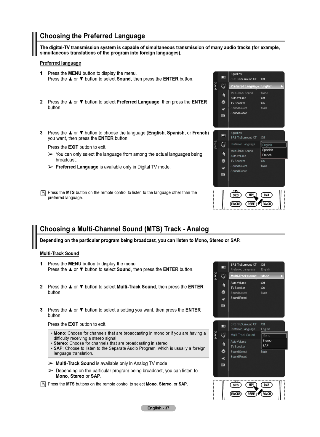 Samsung 510 user manual Choosing the Preferred Language, Choosing a Multi-Channel Sound MTS Track Analog, Button 