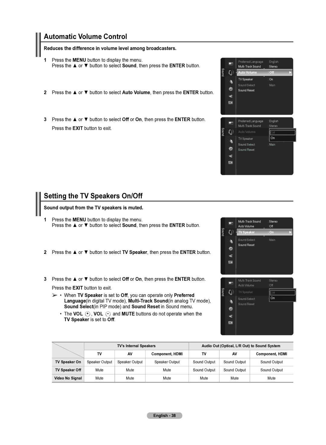 Samsung 510 user manual Automatic Volume Control, Setting the TV Speakers On/Off, Press the Exit button to exit 