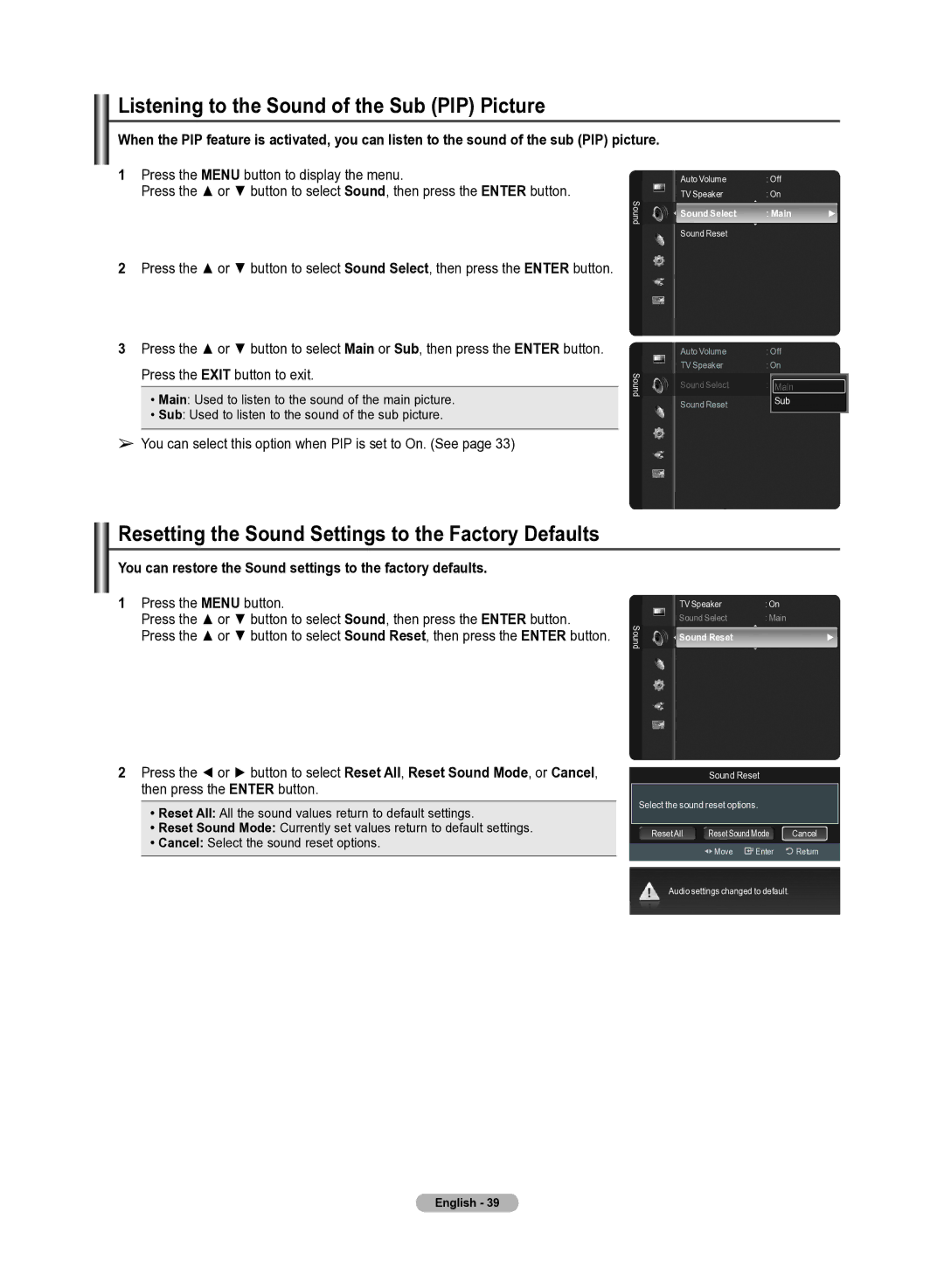 Samsung 510 user manual Listening to the Sound of the Sub PIP Picture, Resetting the Sound Settings to the Factory Defaults 