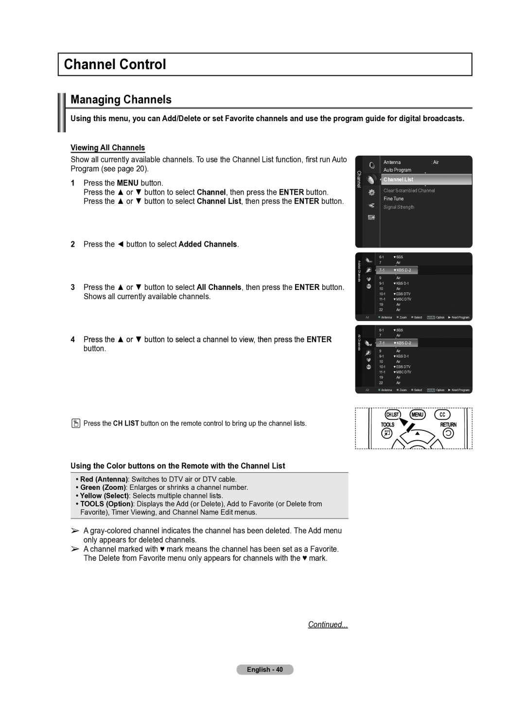 Samsung 510 user manual Channel Control, Managing Channels, Viewing All Channels, Channel List 