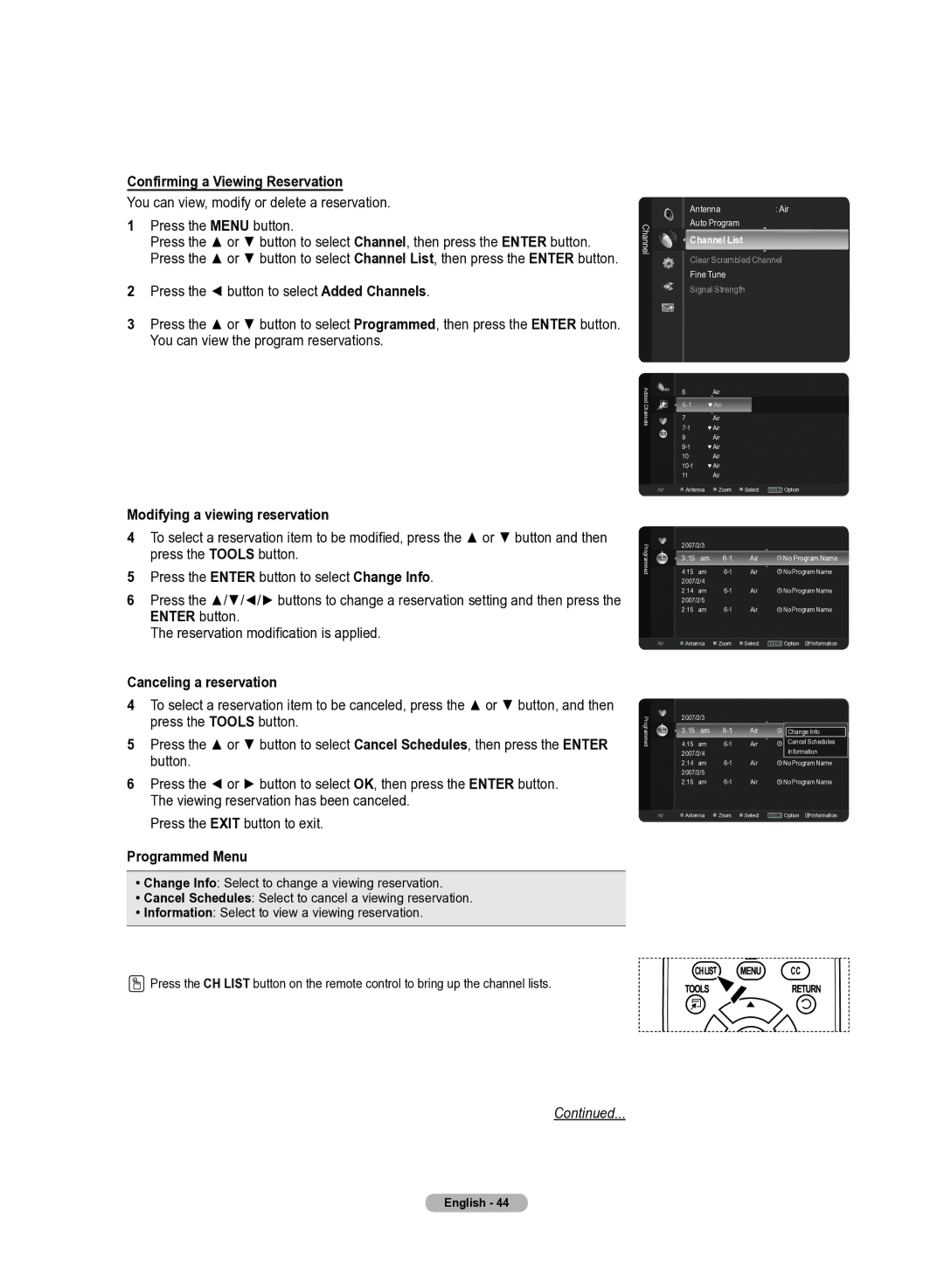 Samsung 510 Confirming a Viewing Reservation, Modifying a viewing reservation, Canceling a reservation, Programmed Menu 