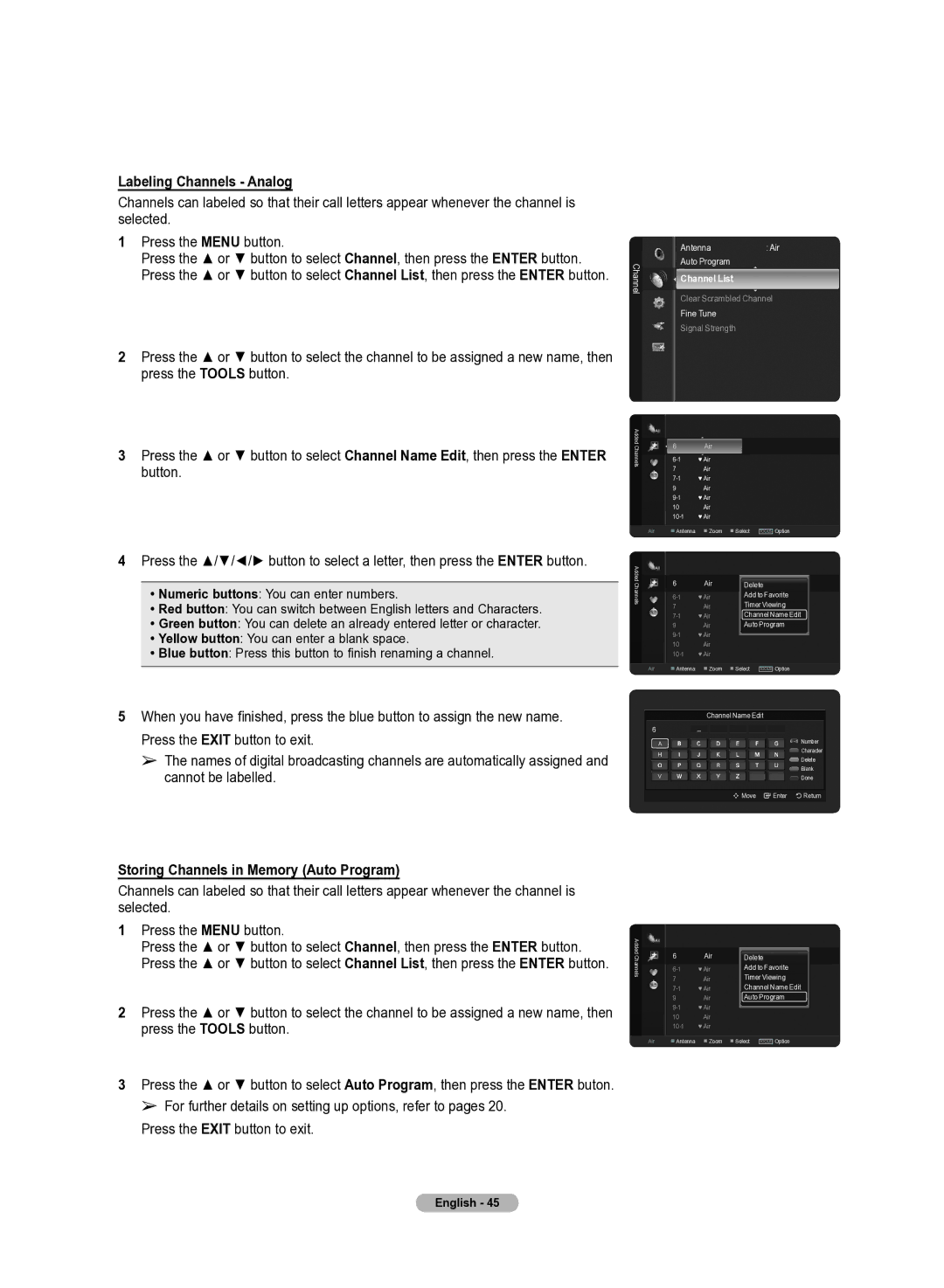 Samsung 510 user manual Labeling Channels Analog, Storing Channels in Memory Auto Program 