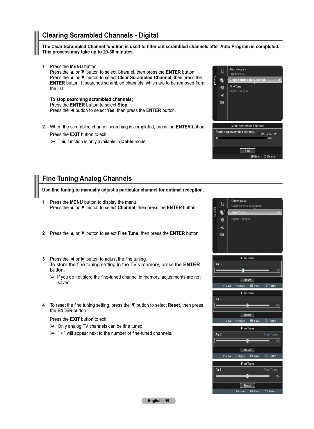 Samsung 510 Clearing Scrambled Channels Digital, Fine Tuning Analog Channels, Clear Scrambled Channel, Fine Tune 