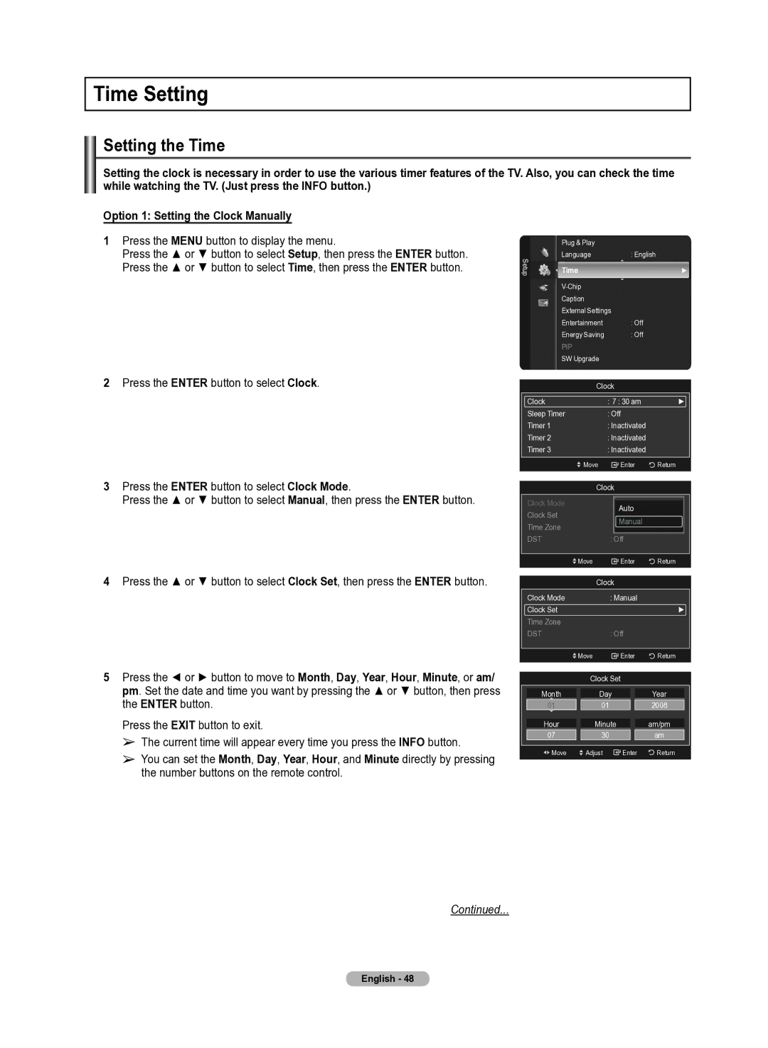 Samsung 510 user manual Time Setting, Setting the Time 