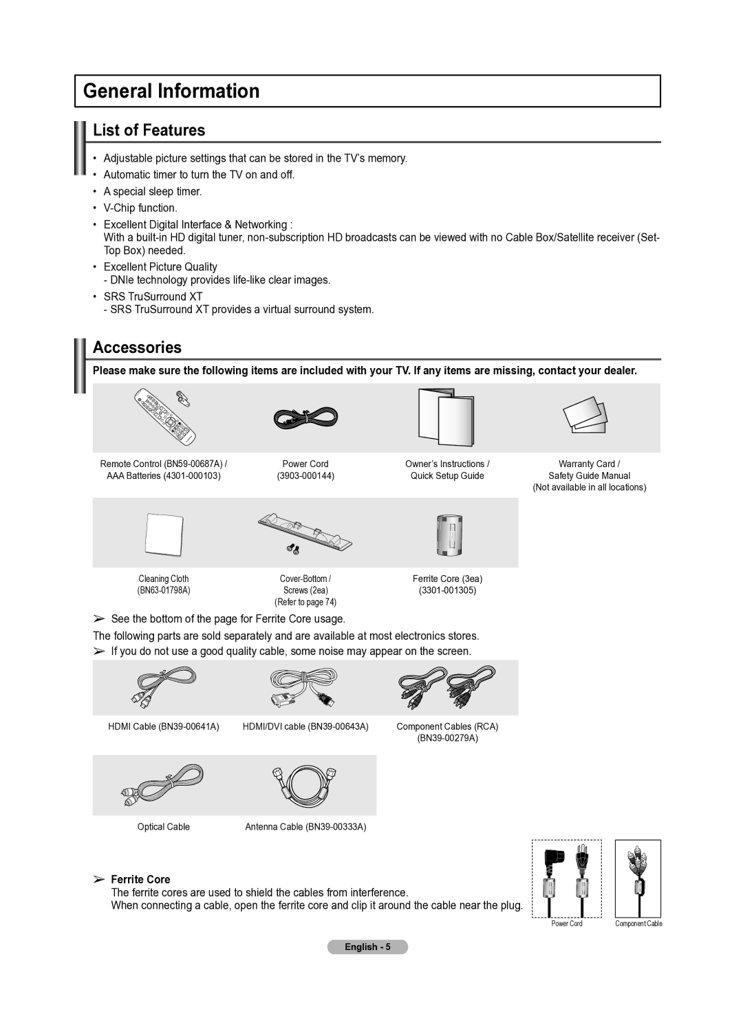 Samsung 510 user manual General Information, List of Features, Accessories, Ferrite Core 