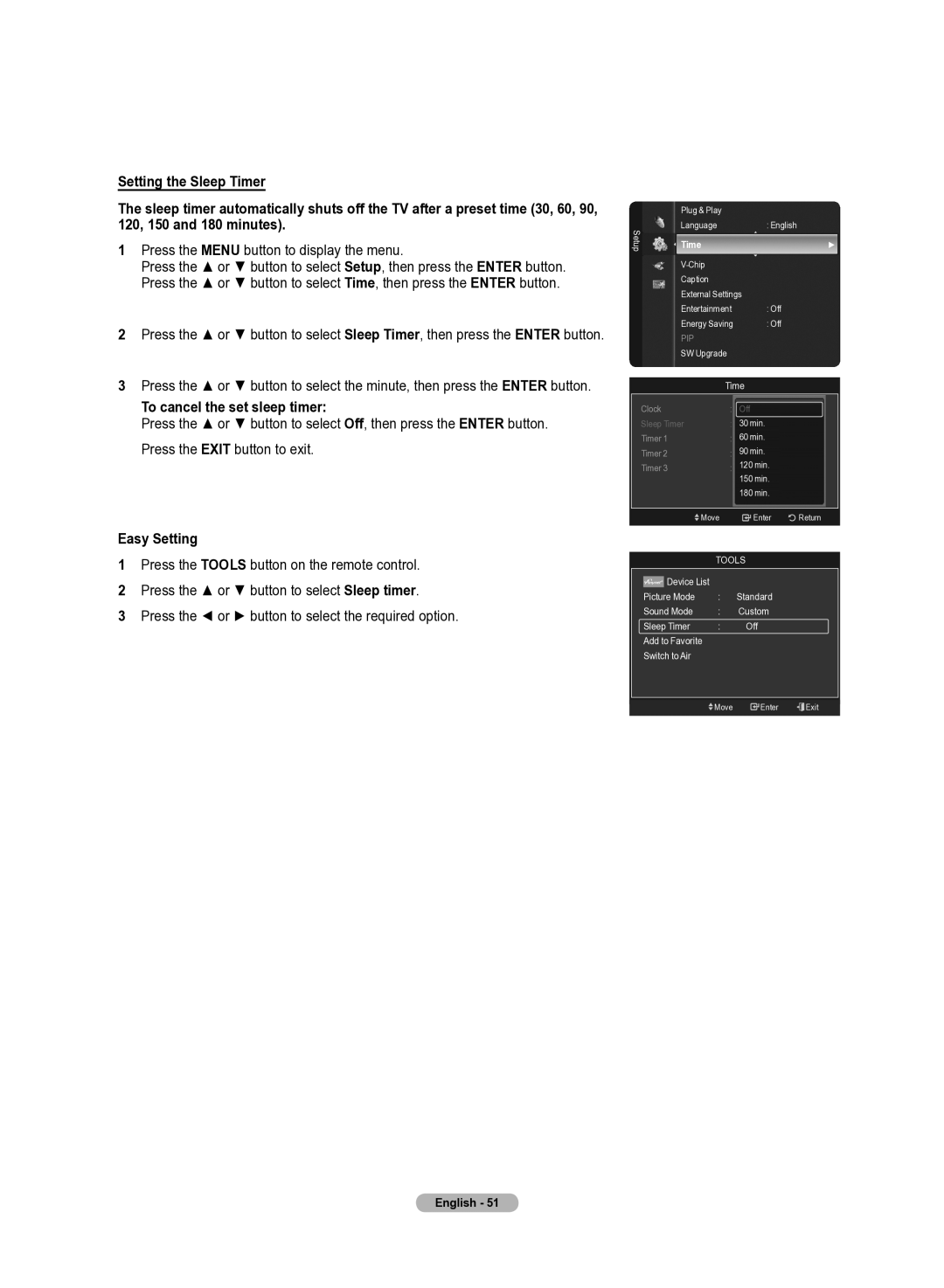 Samsung 510 user manual To cancel the set sleep timer, Easy Setting 