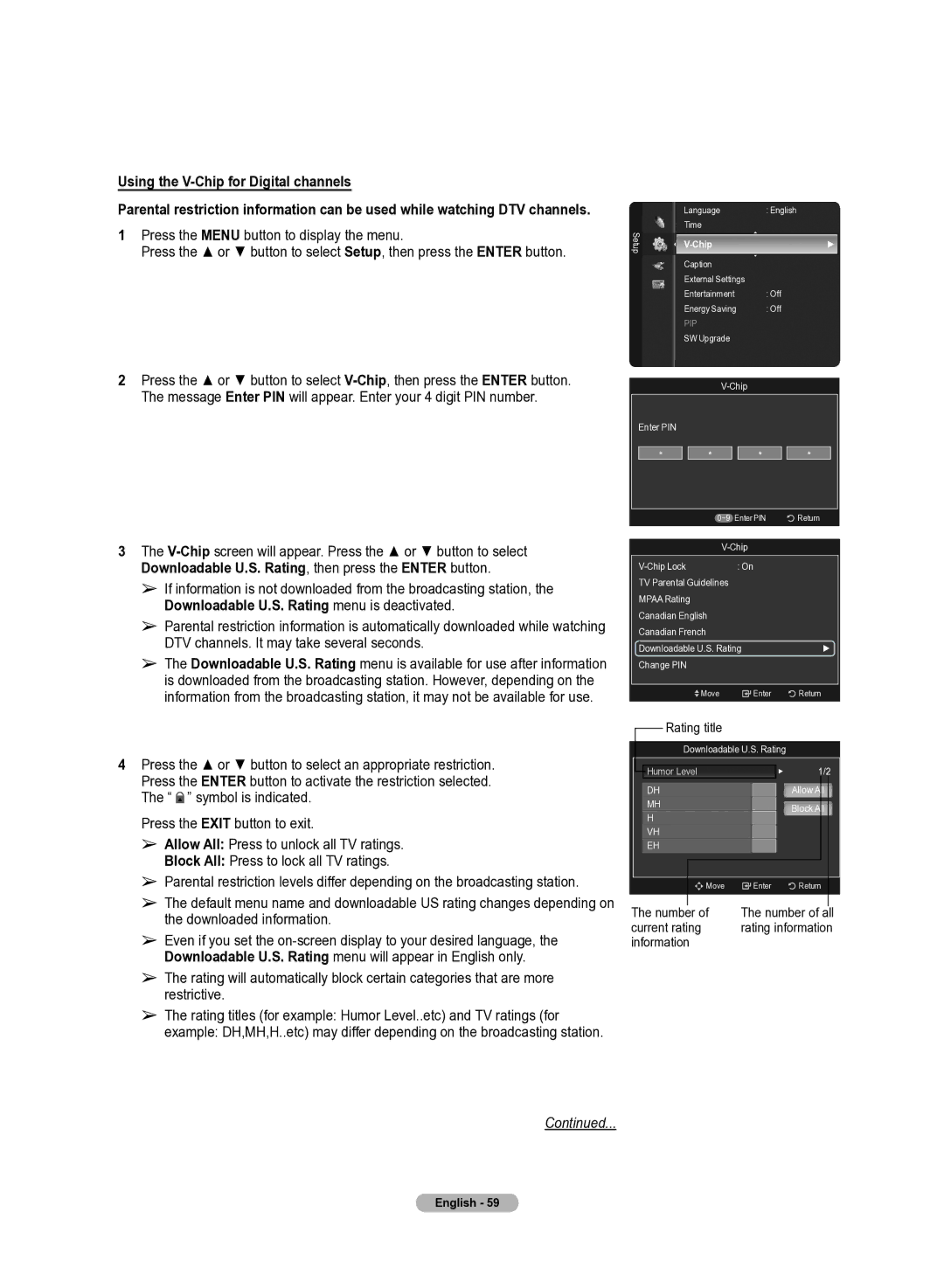 Samsung 510 user manual Using the V-Chip for Digital channels, V-Chipscreen will appear. Press the or button to select 