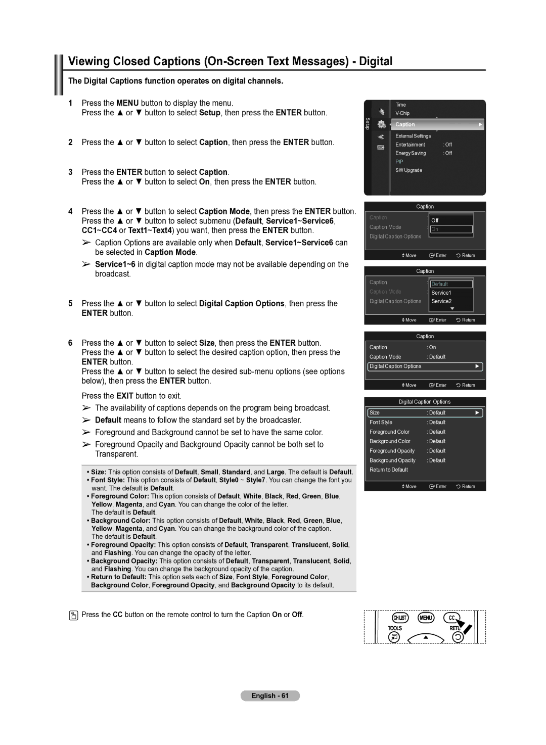 Samsung 510 user manual Viewing Closed Captions On-Screen Text Messages Digital 