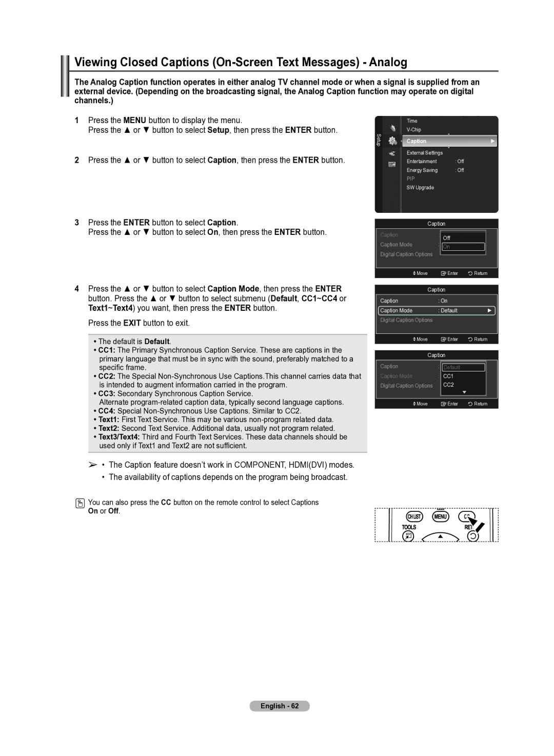 Samsung 510 user manual Viewing Closed Captions On-Screen Text Messages Analog, On or Off 