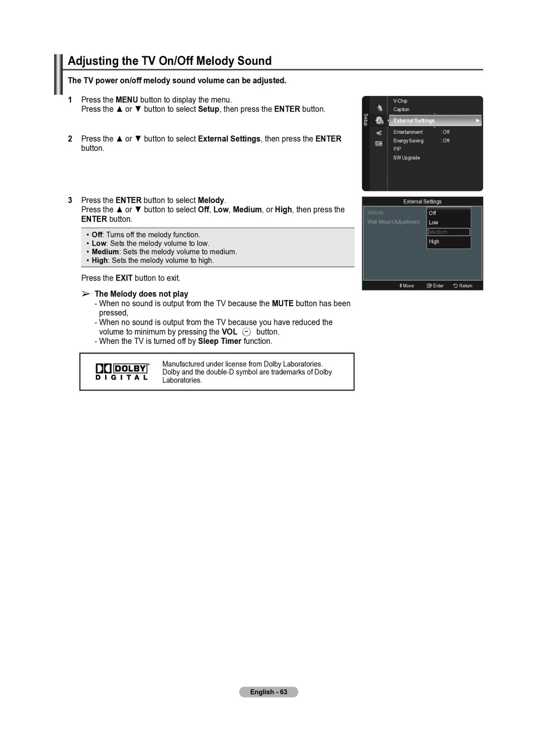 Samsung 510 Adjusting the TV On/Off Melody Sound, TV power on/off melody sound volume can be adjusted, External Settings 