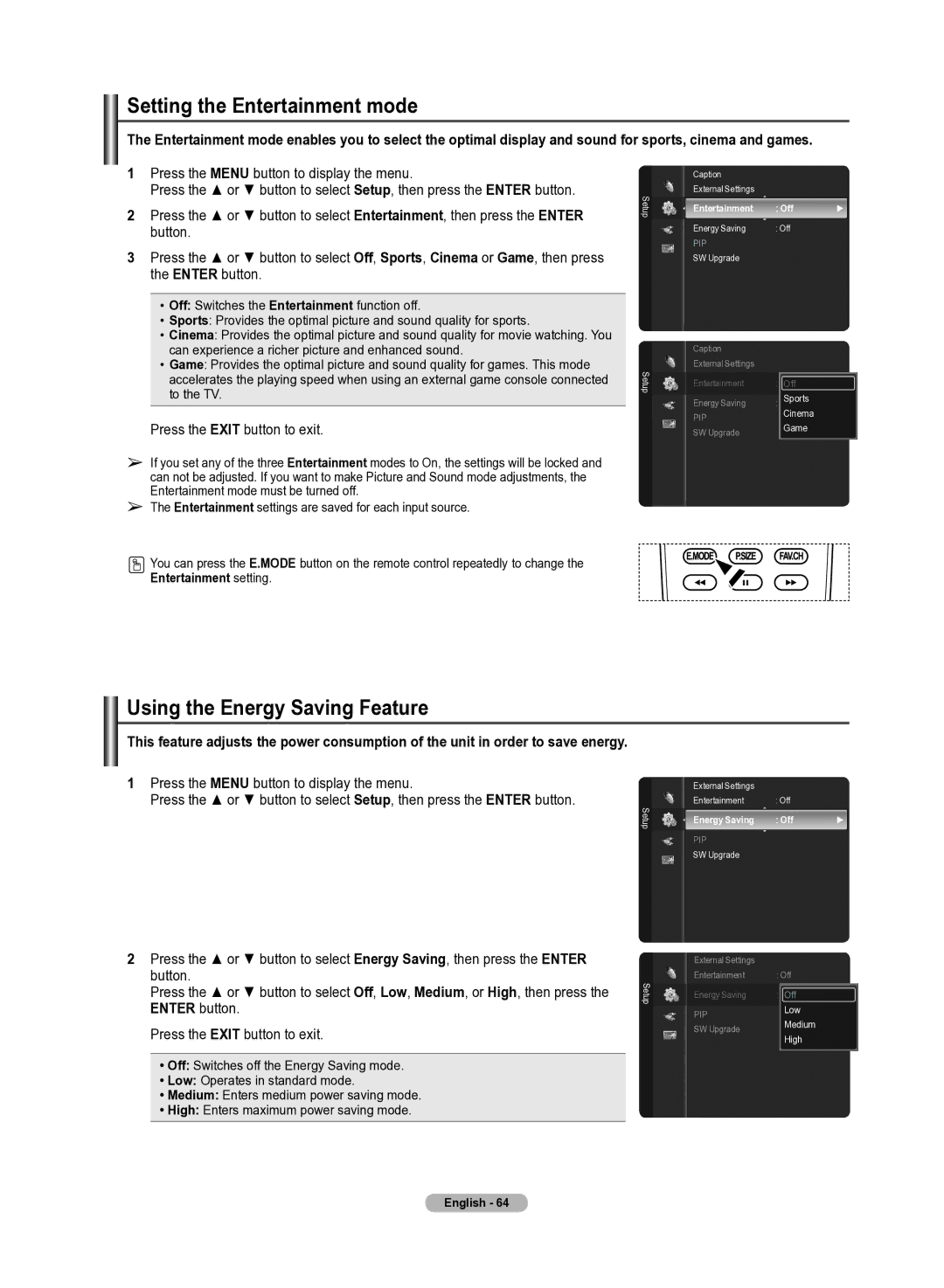 Samsung 510 Setting the Entertainment mode, Using the Energy Saving Feature, Enter button, Entertainment setting 