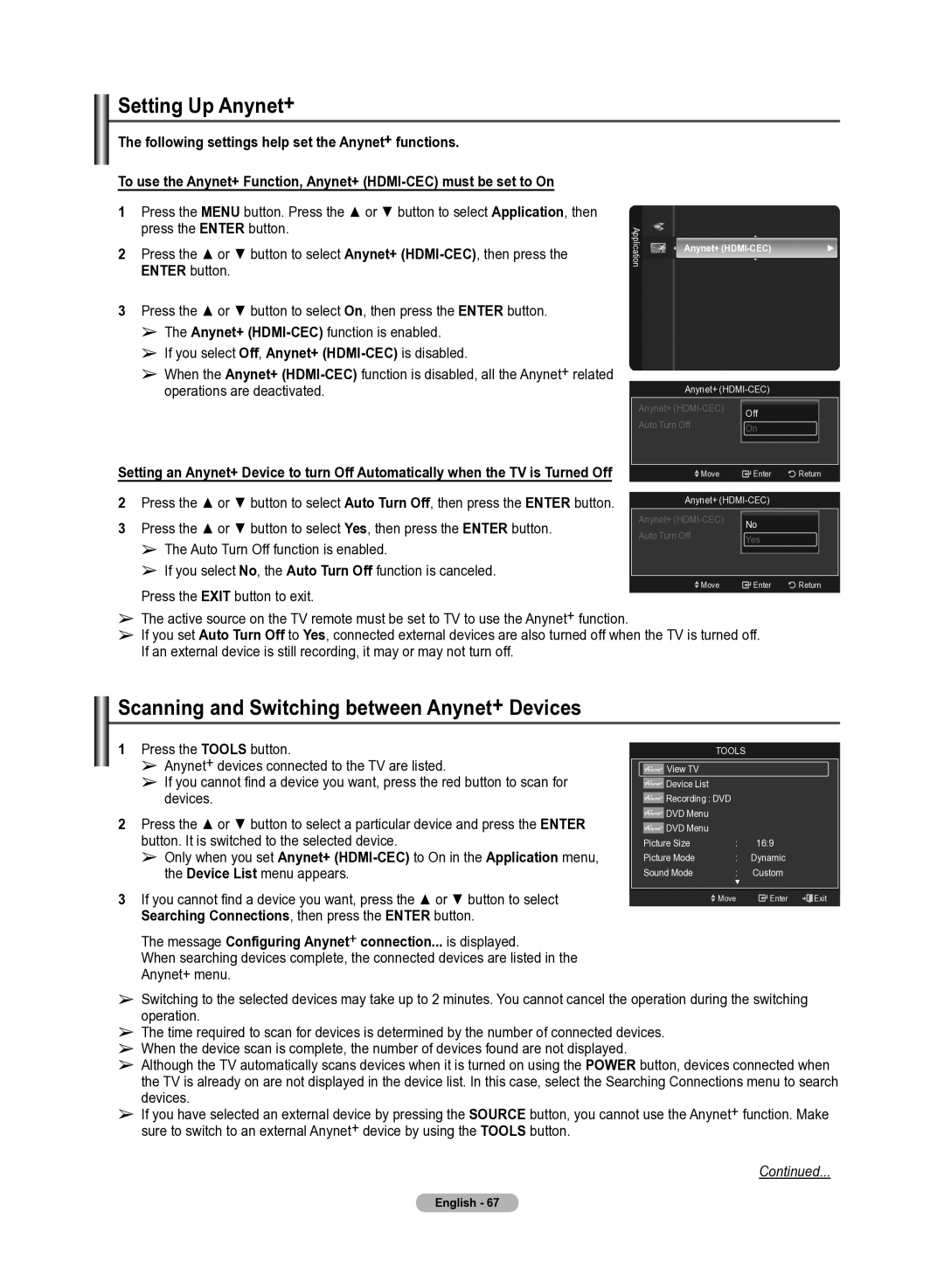 Samsung 510 user manual Setting Up Anynet+, Scanning and Switching between Anynet+ Devices 