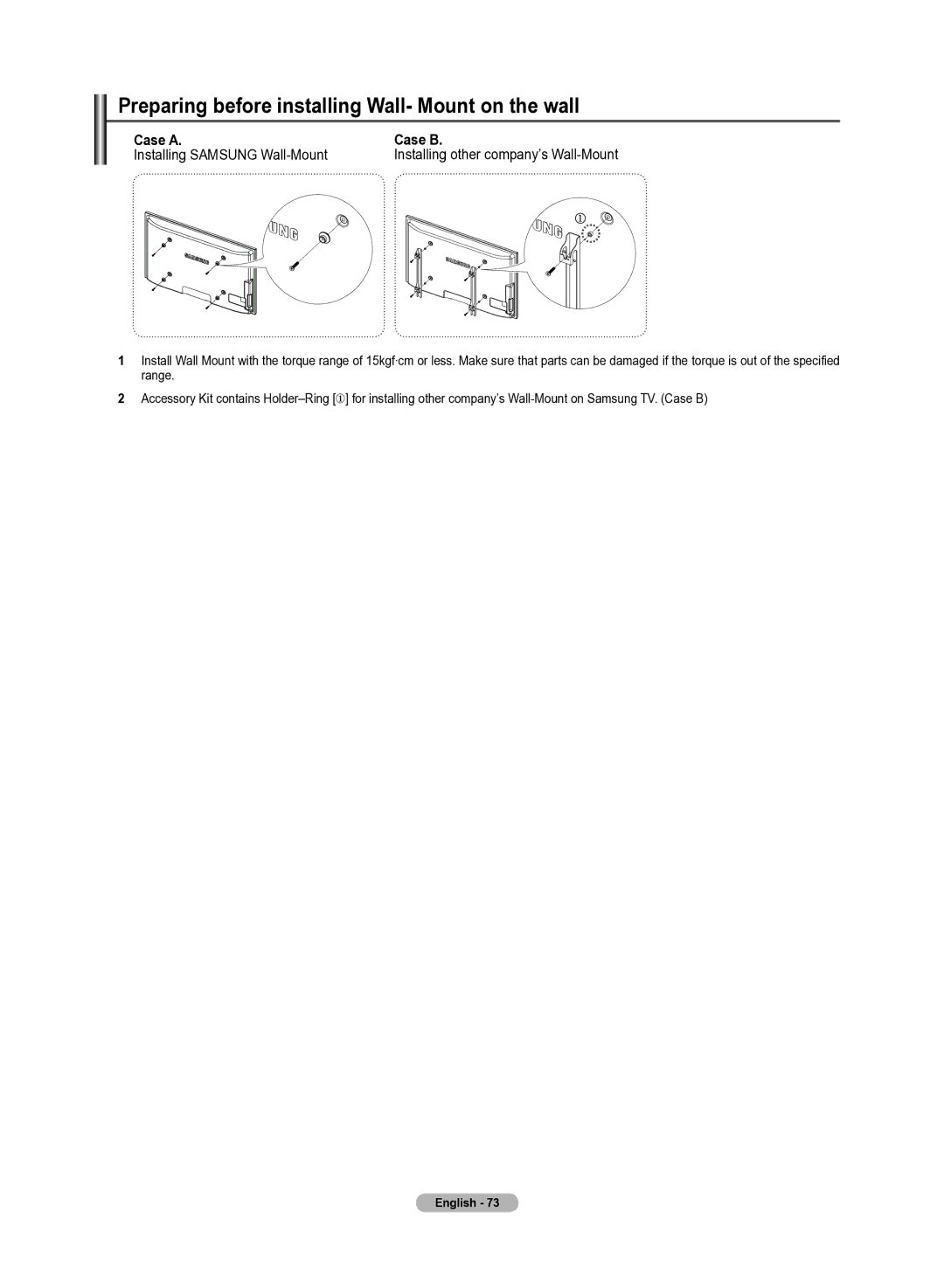 Samsung 510 user manual Preparing before installing Wall- Mount on the wall, Case a Case B, Installing Samsung Wall-Mount 