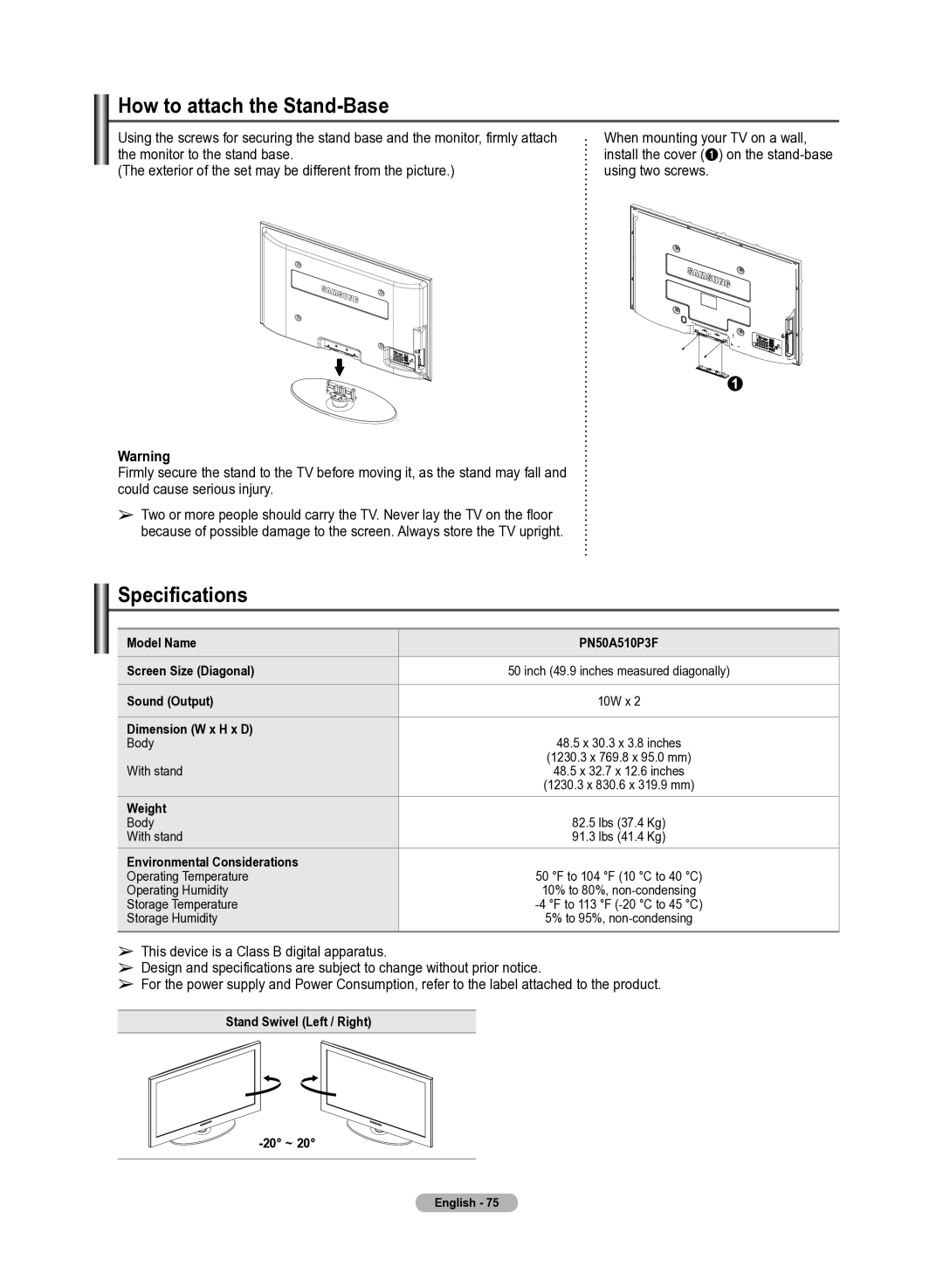 Samsung 510 user manual How to attach the Stand-Base, Specifications 