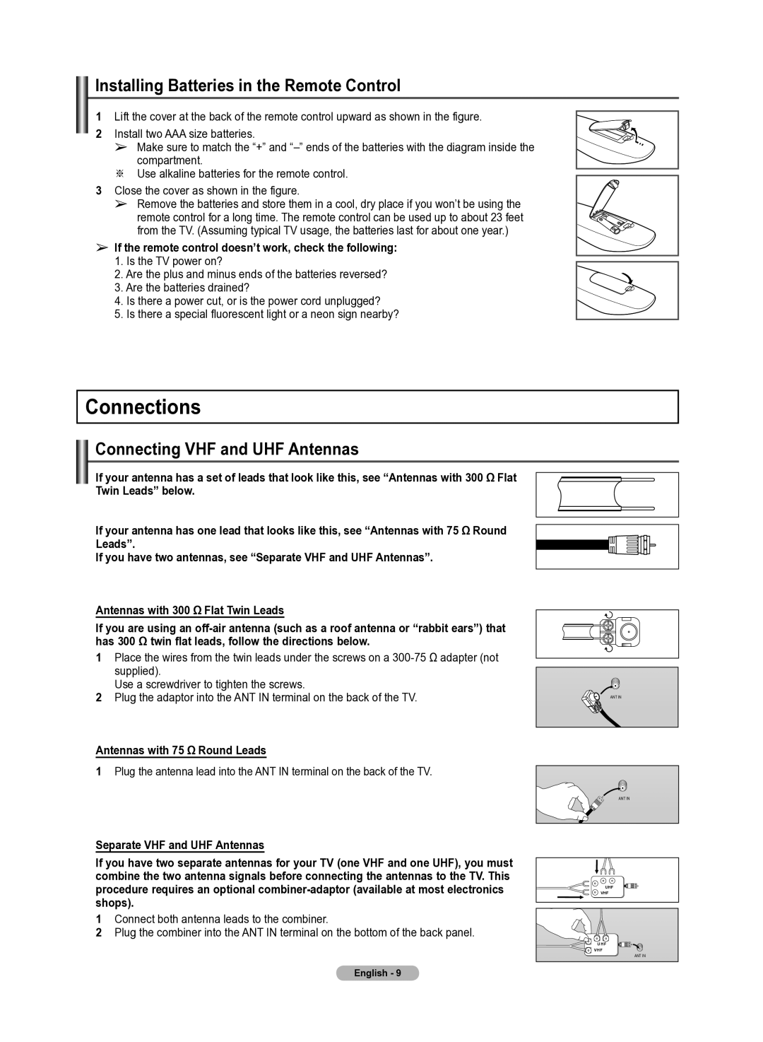 Samsung 510 user manual Connections, Installing Batteries in the Remote Control, Connecting VHF and UHF Antennas 