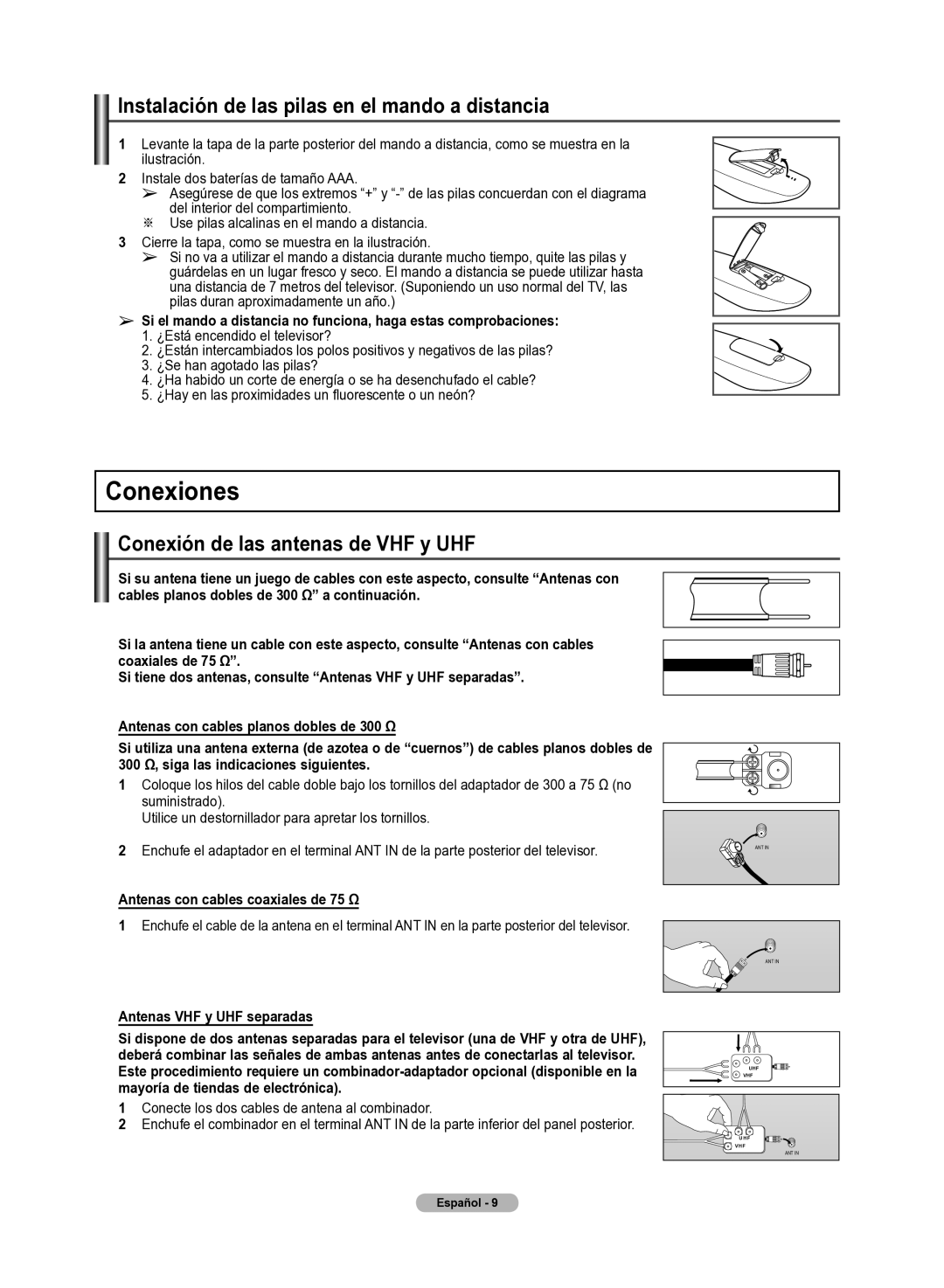 Samsung 510 user manual Conexiones, Instalación de las pilas en el mando a distancia, Conexión de las antenas de VHF y UHF 